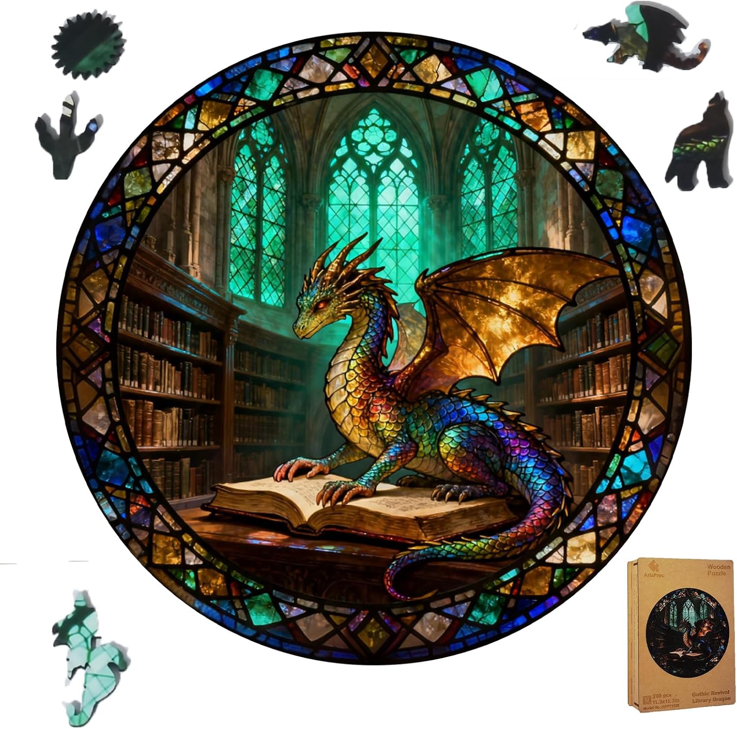 Gothic Revival Library Dragon Wooden Jigsaw Puzzle for Adults - 300 Pieces, 13.4" x 13.4" - Unique Dragon & Book Art, Creative Gift & Fun Family Game