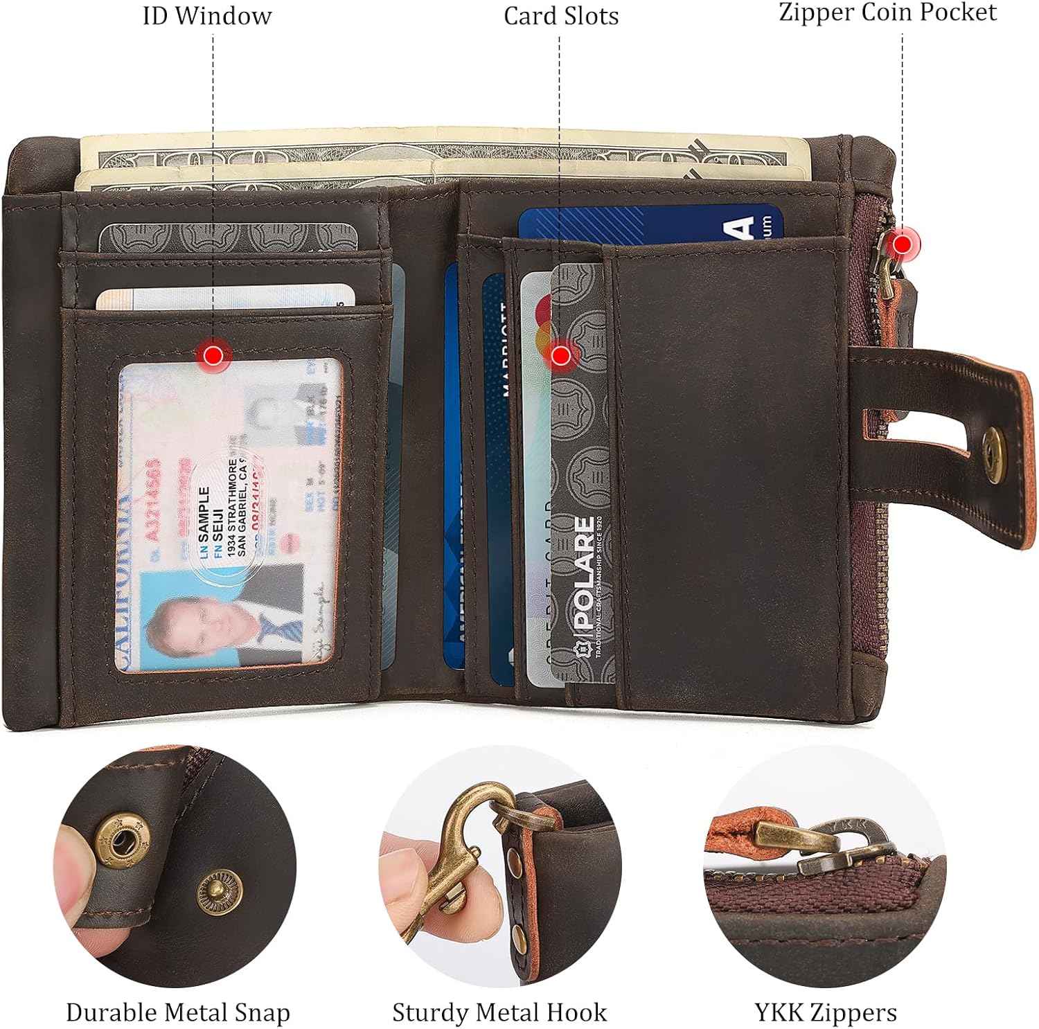 Polare Full Grain Leather Chain Wallet for Men, RFID Blocking Bifold Wallet with 2 Zip Coin Pockets, Anti-Theft Biker Trucker Wallet with Metal Chain, Travel Card Holder
