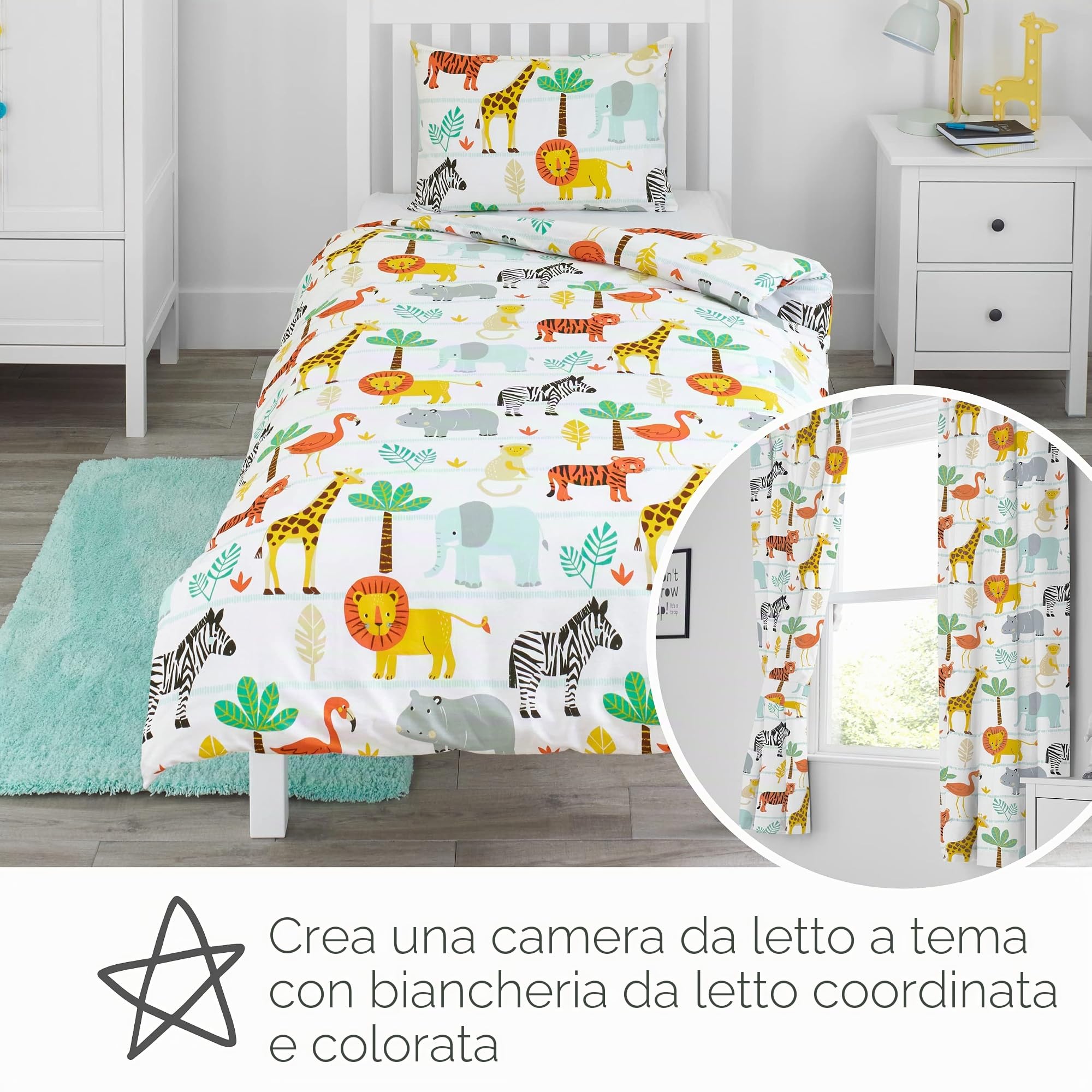 Bloomsbury Mill - Avventura Safari - Animali della Giungla - Coppia Di Tende Foderate Per Bambini Con Fermatenda - 168 cm x 183 cm