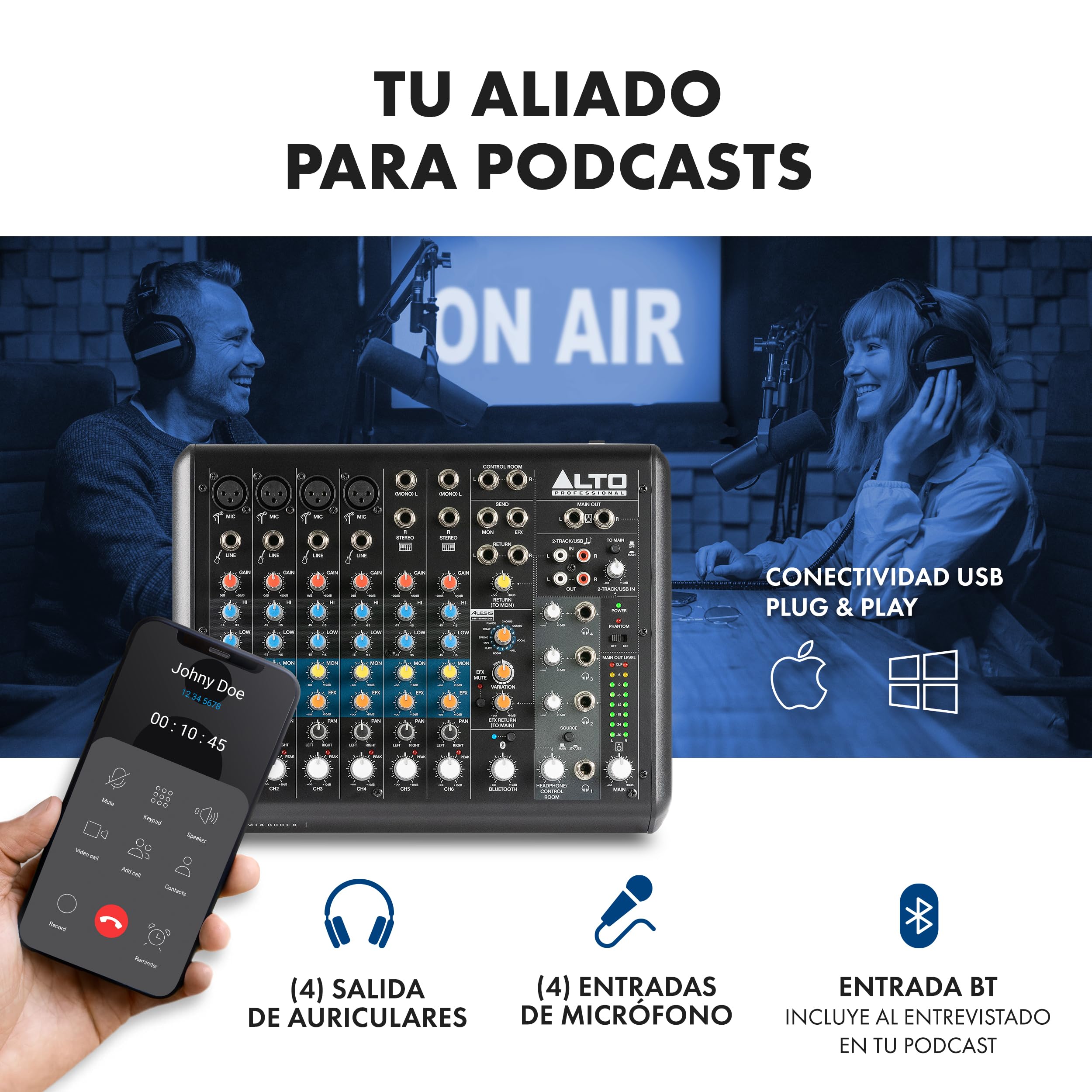 ALTO TrueMix 800FX Mesa de Mezclas Con 4 Entradas XLR de Micrófono, Interfaz de Audio USB y Bluetooth Para Podcasts, Actuaciones en Vivo, Grabaciones, DJ, Windows y Mac