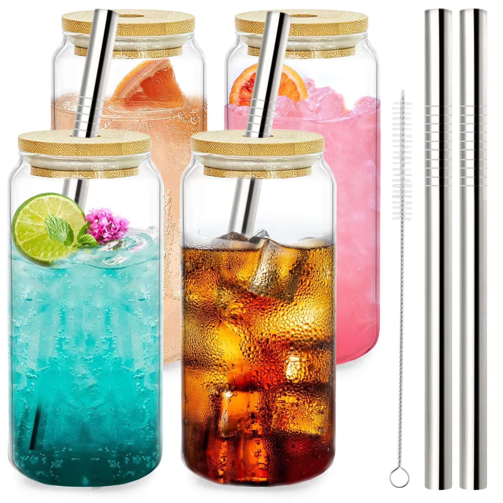 20 Oz Beer Can Glass with Bamboo Lid & Straw Regular Mouth Can Shaped Clear Drinking Glass Soda Coke Cans Tumbler Beer Glasses Set of 4 Reusable Coffee Bubble Tea Cup for Hot & Cold Drinks