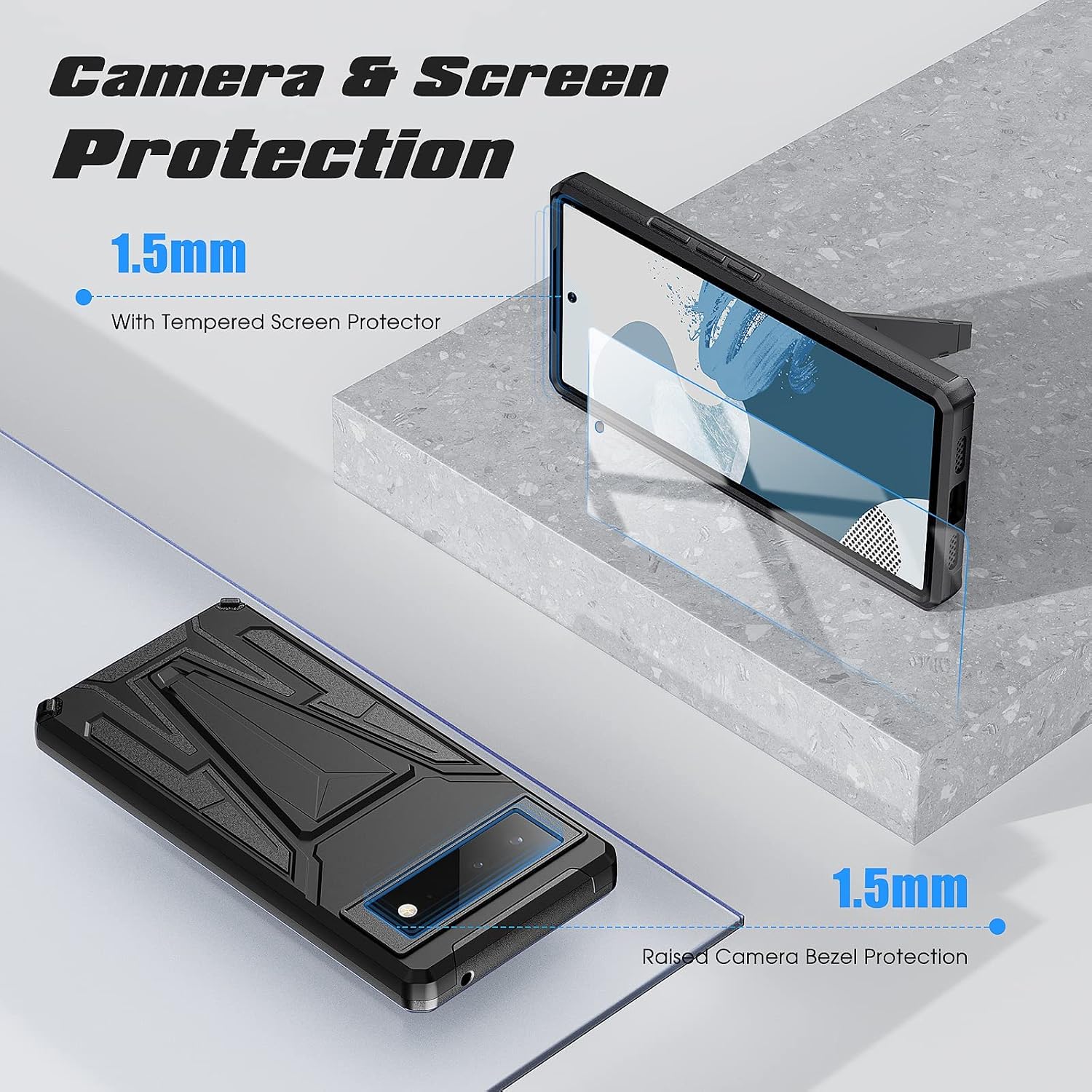for Google Pixel 6 Case 2021: with Tempered Screen Protector & Built in Kickstand Military Grade Protective Shockproof Armor Protection Cover for Pixel 6 - Black