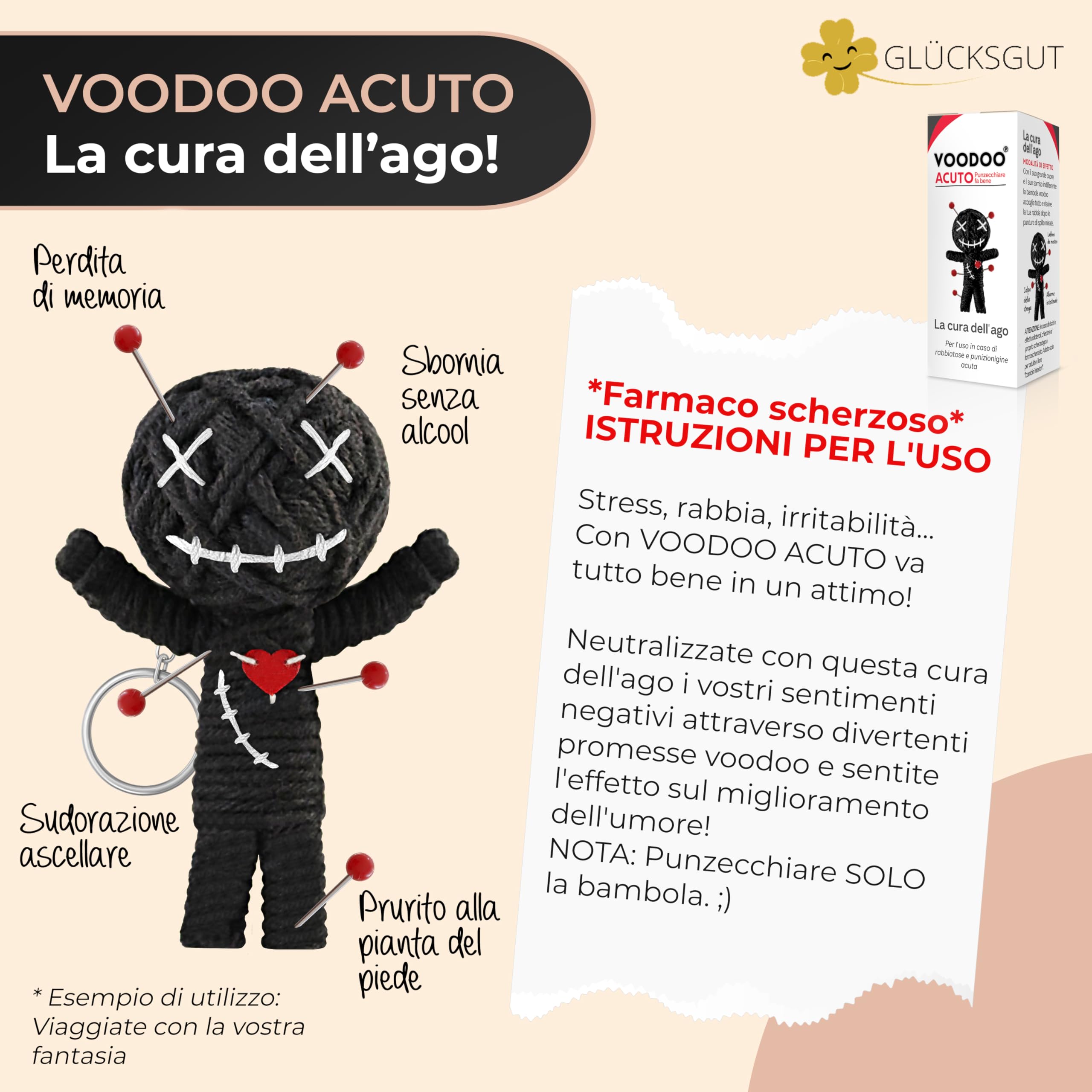 GLÜCKSGUT® Bambola Voodoo con Aghi | Scatola Regalo e Istruzioni | Alto 7,5 cm | Medicamento Scherzoso | Regalo da Ufficio per Colleghi, Colleghe, Capo | Antistress | Addio