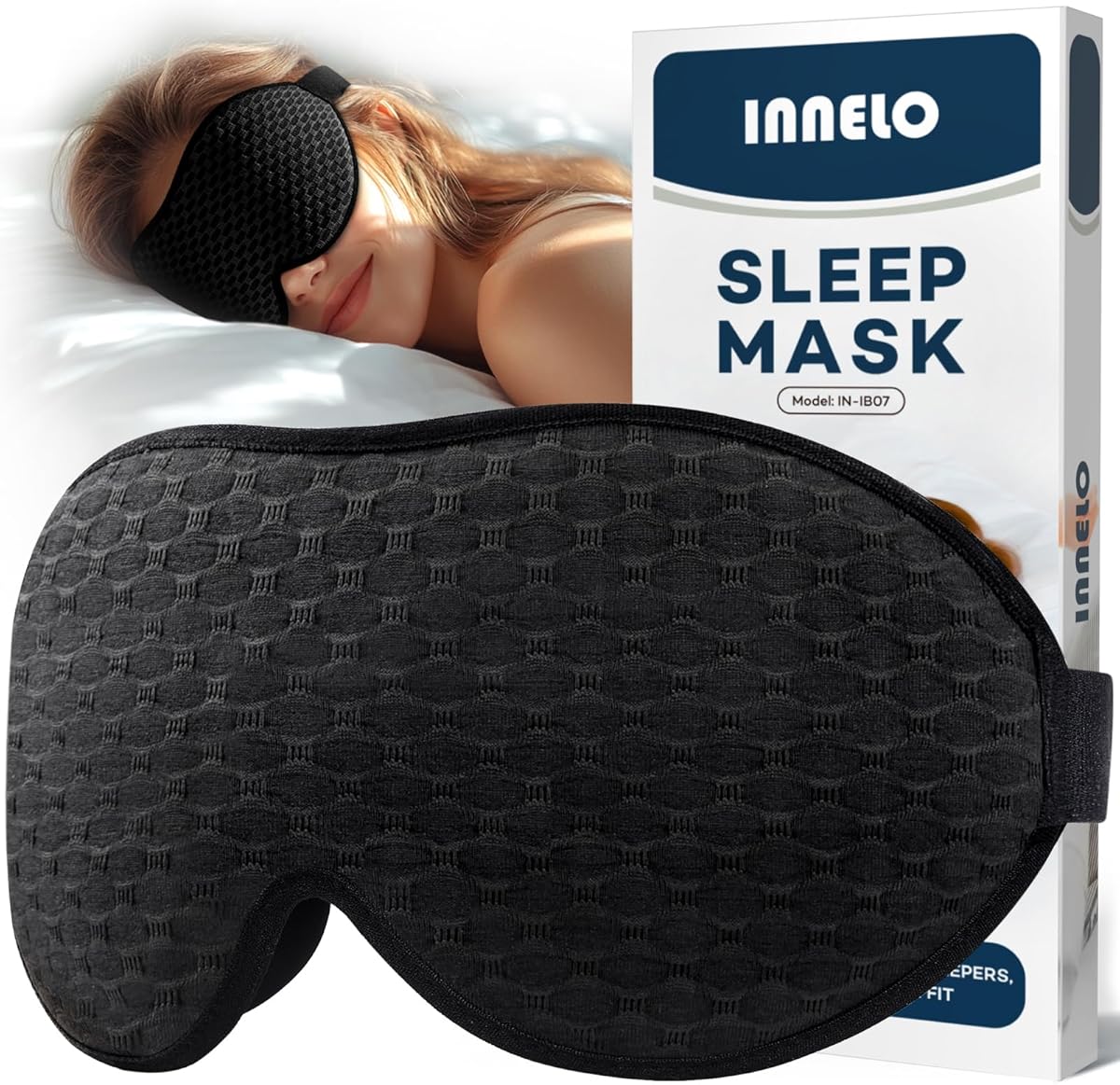 INNELO 3D Schlafmaske für Herren Frauen, 2025 Seiten Verbesserte Augenmaske für Seitenschläfer, 100％ Lichtblockierende Ergonomische Schlafbrille,mit Bequeme Drucklos-Augenhöhlen für Reisen, Schwarz