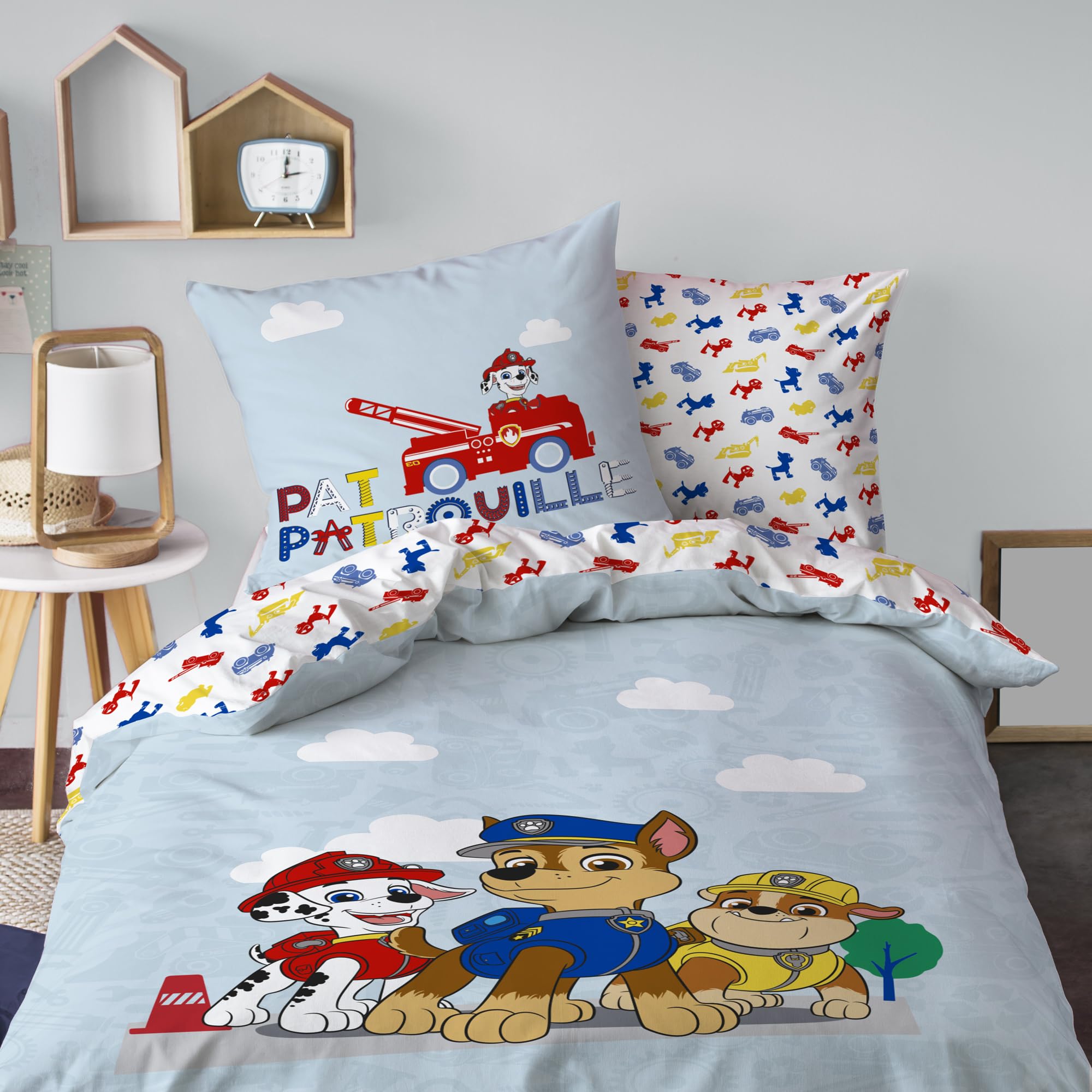 OMYDREAM Pat Patrouille PatBoy Parure de Lit et Drap Housse Enfant | 100% Coton | Oeko-TEX | Housse de Couette 140x200cm + 1 Taie d'oreiller 63x63cm + 1 Drap Housse 90x190cm | Imprimé Garçon (Bleu)
