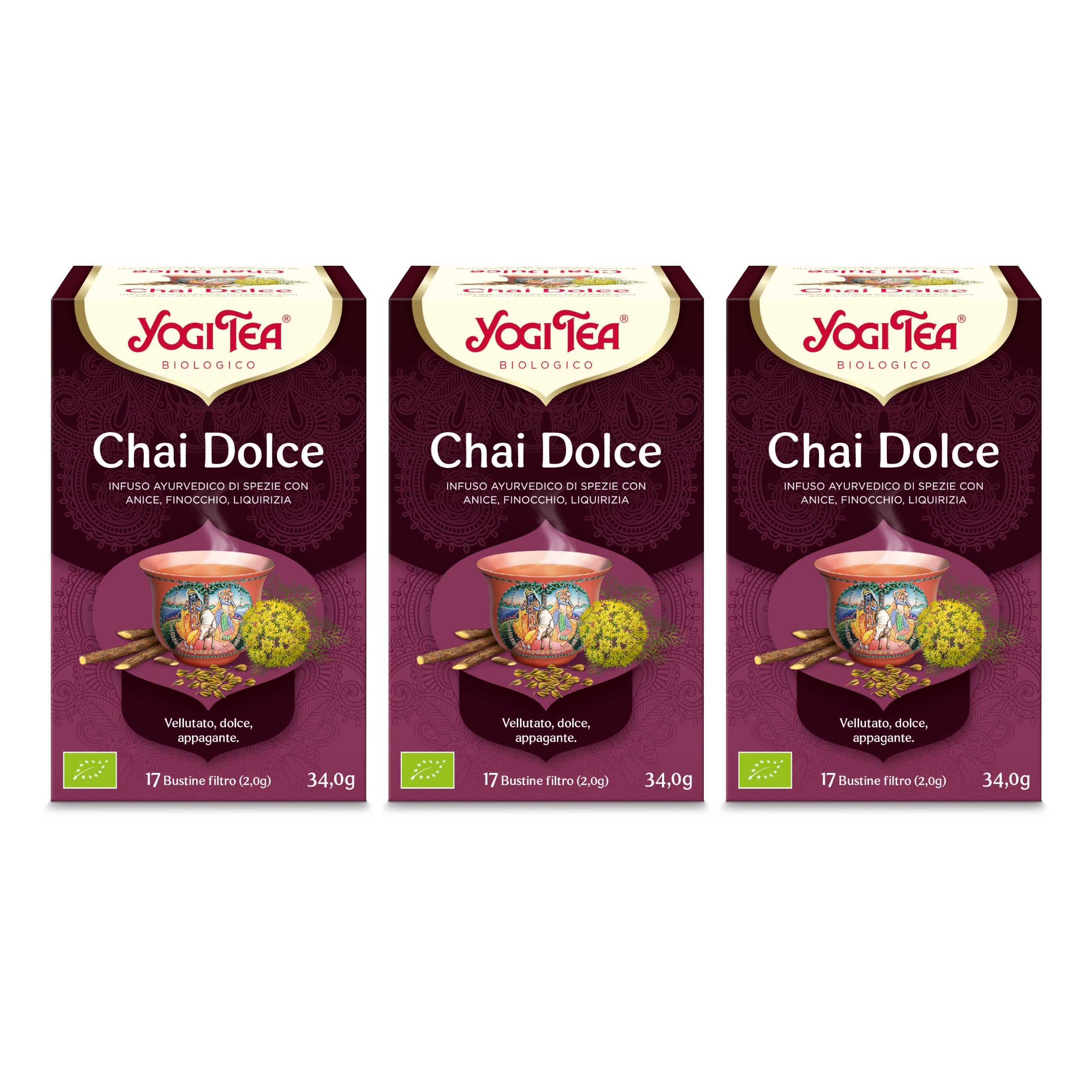 Yogi Tea - Chai Dulce Bio - Infuso Ayurvedico - Miscela di Anice, Finocchio e Liquirizia, Senza Caffeina - Confezione da 3x17 bustine (51 bustine in totale)