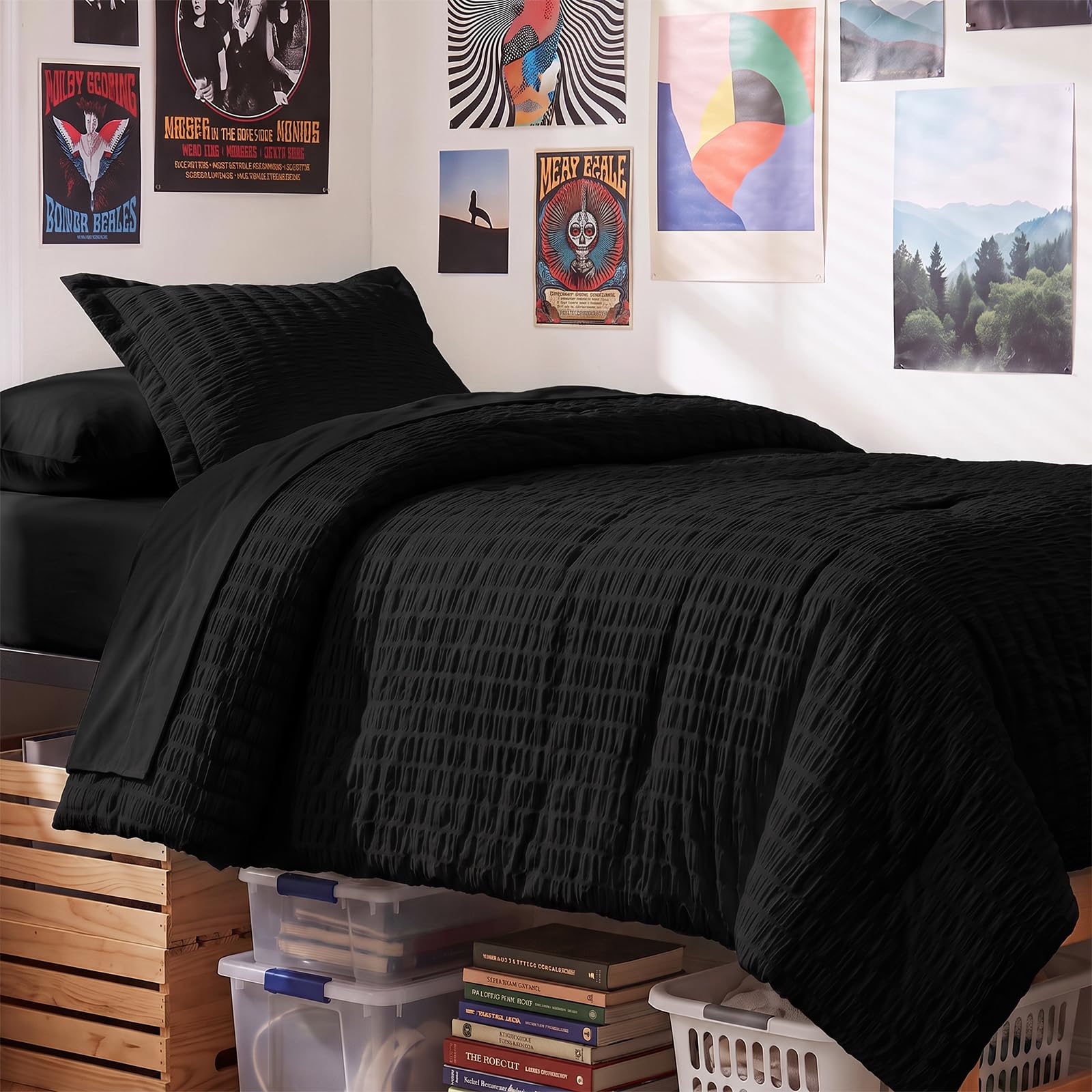 CozyLux Twin Comforter Set, 5 Pieces Black Seersucker Bed in a Bag