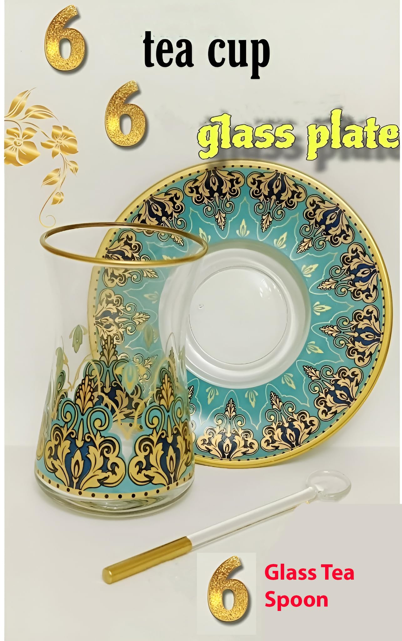 Vasos de té turco hechos a mano con platillos, tazas de té turco antiguas, juego de 6 vasos de té vintage, vasos de té árabe, vasos elegantes árabes para fiestas de mujeres, vidrio persa y