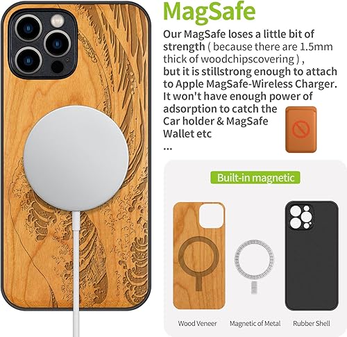 Miniatura 75 de Carveit Funda magnética de madera para iPhone 12 Pro [madera natural y TPU suave] a prueba de golpes, funda de madera única y elegante compatible