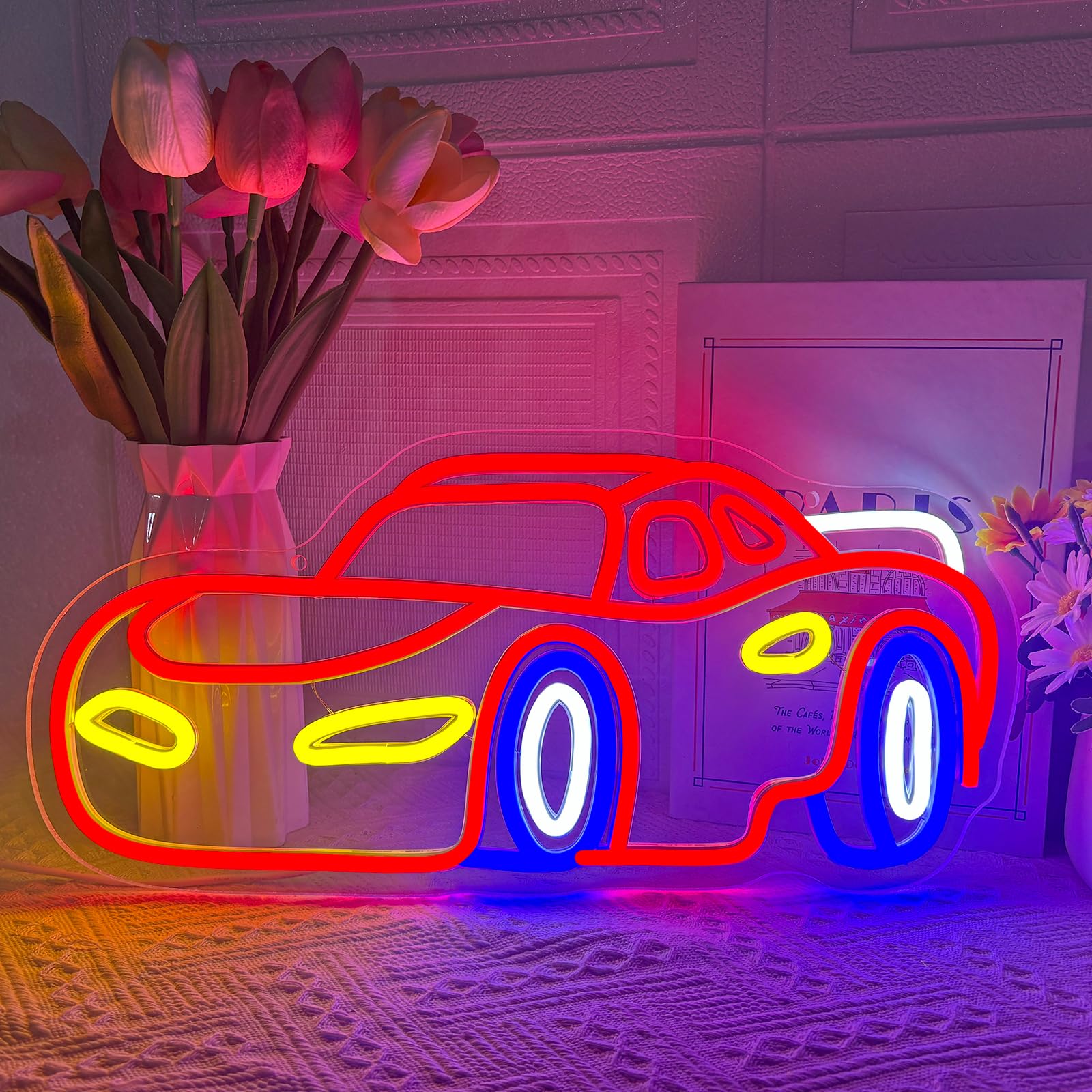 Sports Car Neon Sign, Red Blue Yellow Racing Car LED Neon Light for Wall Art Decor, USB Dimmable Neon Sign for Man Cave Garage Game Room Bar Car Enthusiast Boys Bedroom Gift