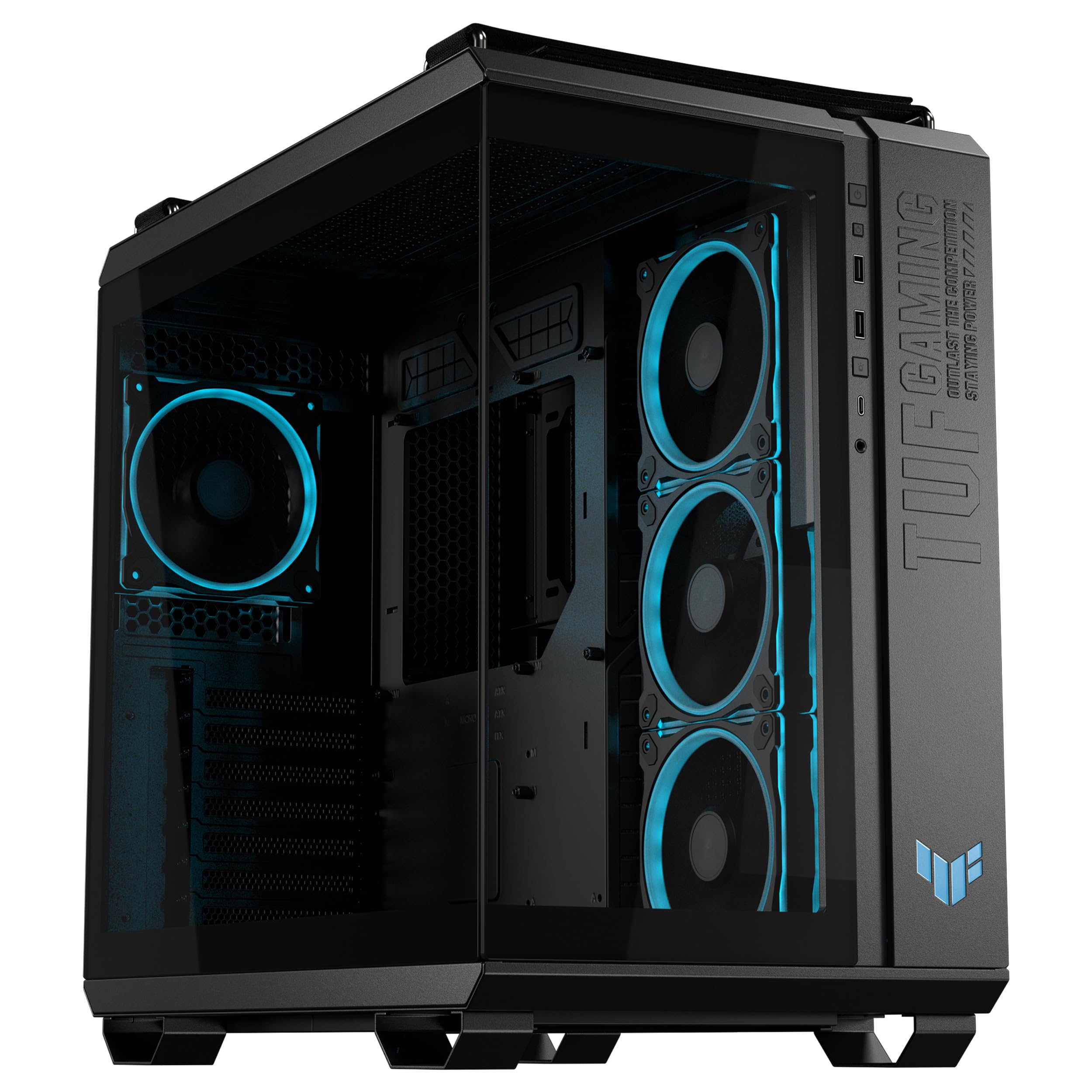 ASUS TUF Gaming GT502 Horizon, Caja ATX para Torres Medianas, diseño panorámico, Doble cámara, Zonas de refrigeración Independientes, Paneles Laterales sin Herramientas, USB 20 Gbps Tipo-C, Negro
