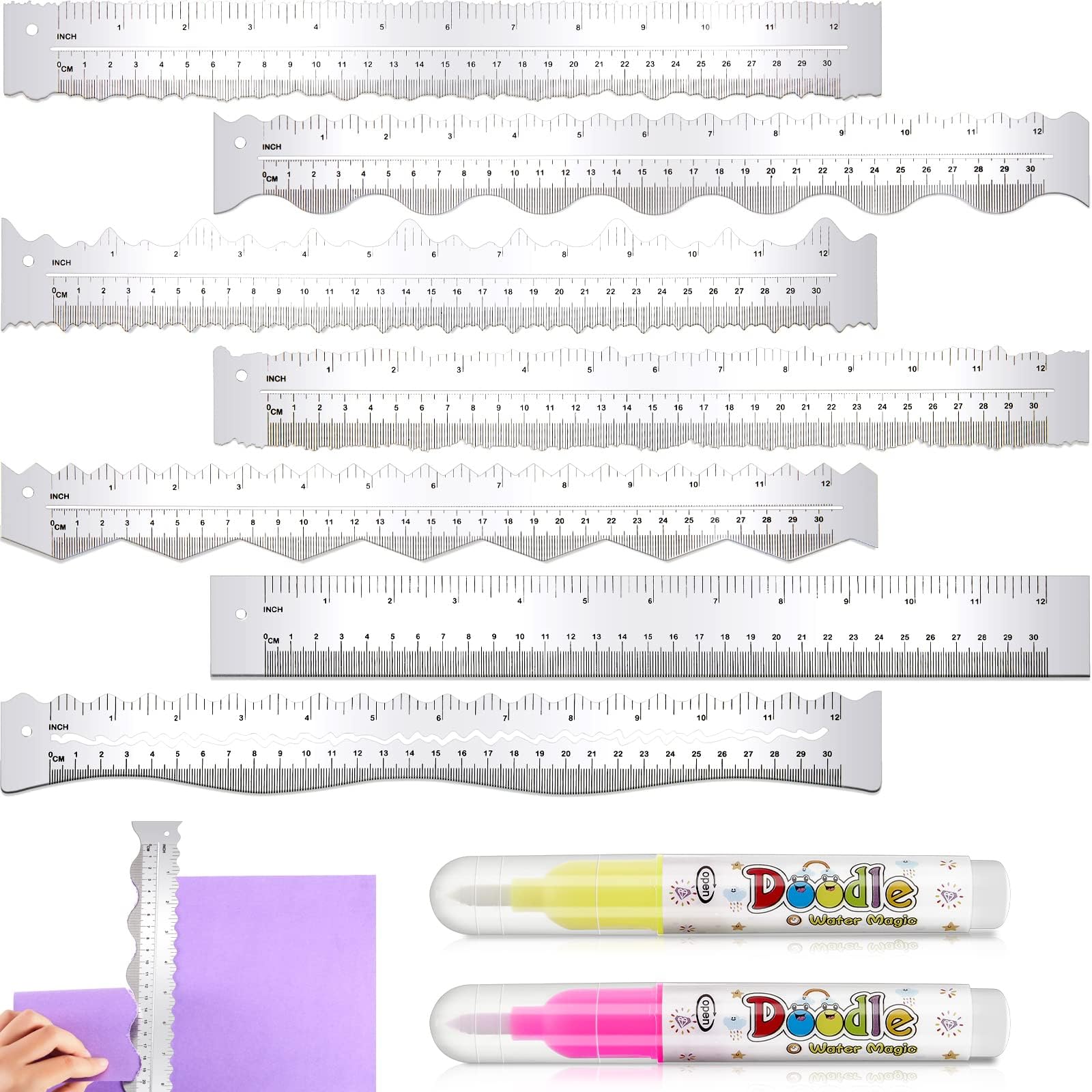 Henoyso 7 Pcs Metal Paper Tearing Ruler Deckle Edge Ruler Craft Ruler Stainless Steel Paper Cut Tool 12 Inch Irregular Edges Ruler Measurements Tool with 2 Watercolor Pen for Craft School Scrapbook