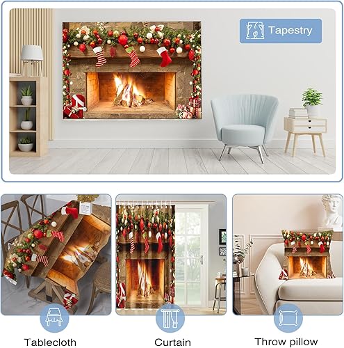 Miniatura 5 de Mocsicka Telón de fondo con temática de chimenea de Navidad para fotografía, árbol de Navidad, regalo de calcetín de fiesta familiar, papel tapiz de