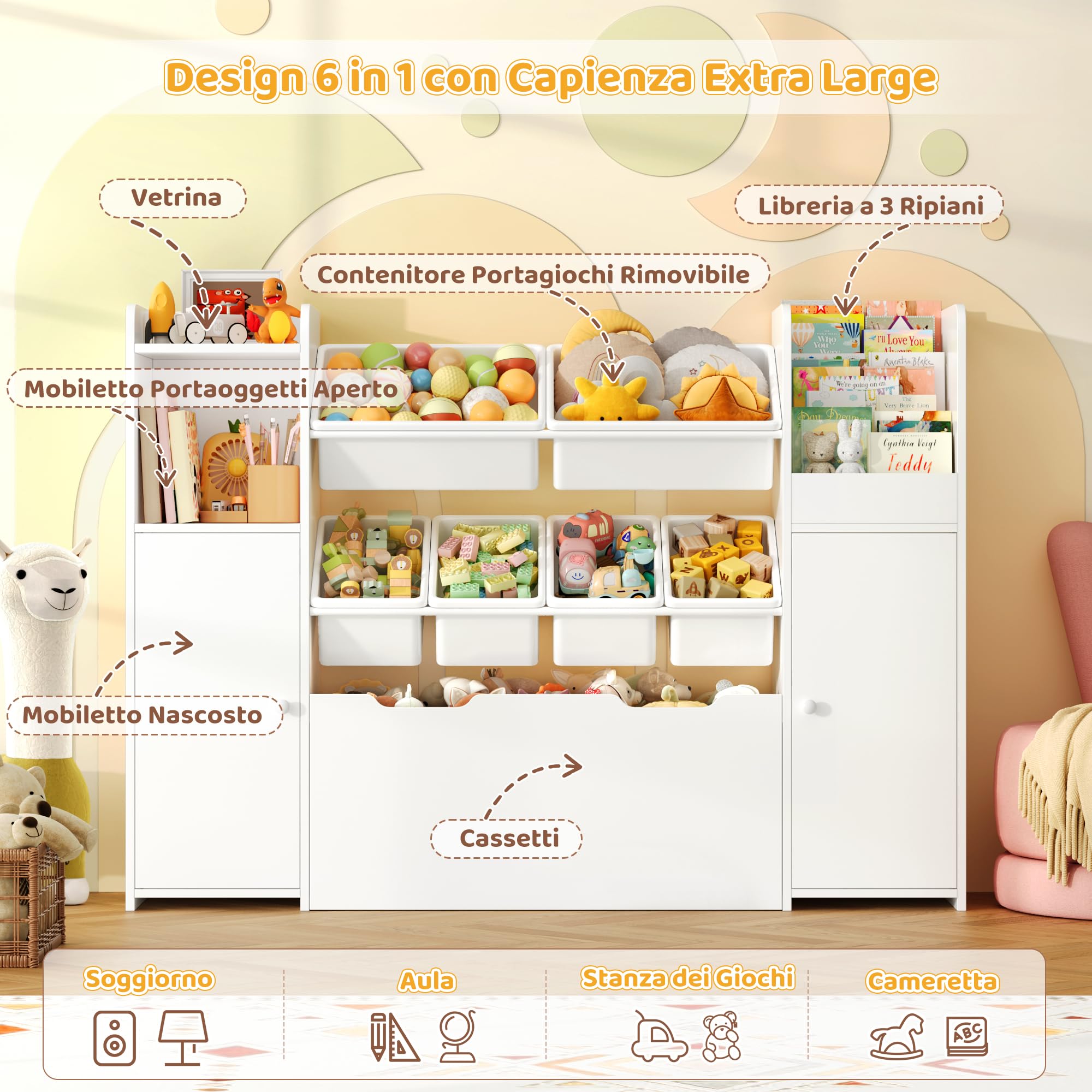 FOREHILL Organizer Giocattoli, Porta Giochi Bambini con 6 Scatole Contenitori, Mobile Porta Giochi con Portariviste, 1 Cassetto Grande con Ruote, per Cameretta e Sale Giochi, 138x30x94 cm (Bianco)