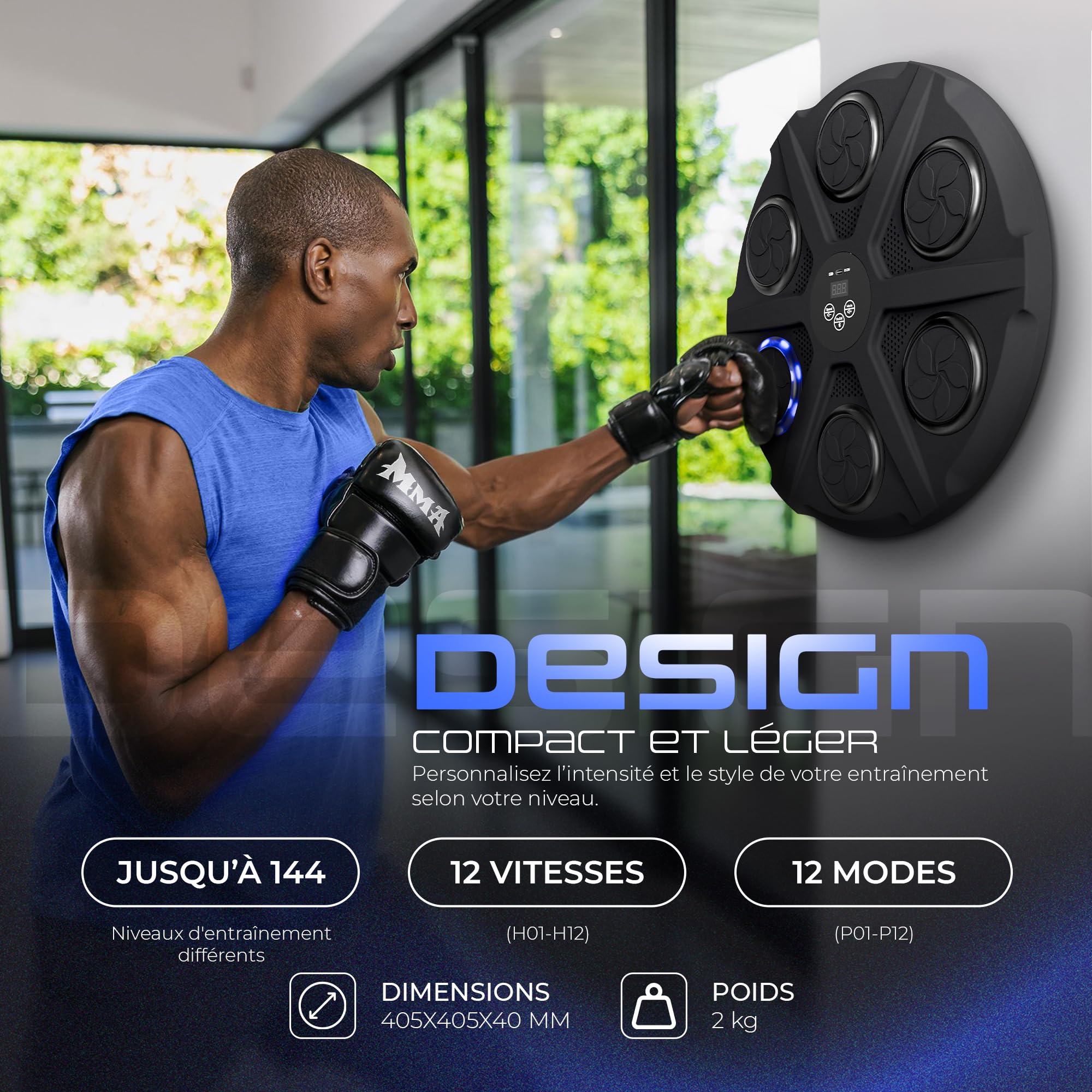 EZERO Machine Beatpunch Boxe Adulte Bluetooth LED Entraînement interactif Boxe Mural Musique Améliore Réflexes Endurance Set Complet