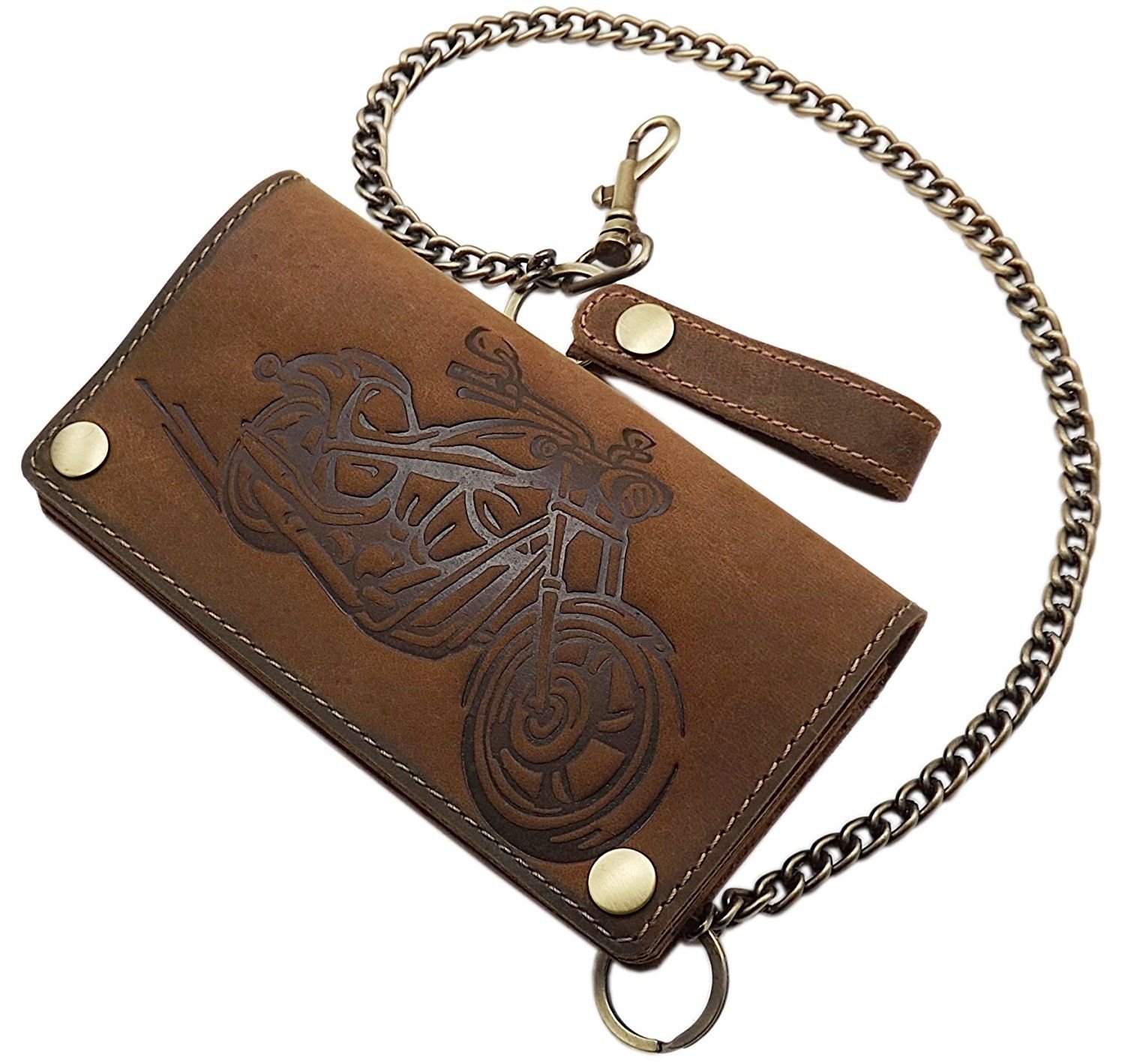 myledershop Cuir de Buffle Motard Porte-Monnaie avec chaîne en métal et Amovible Porte-Cartes avec Moto Motif avec Blocage RFID et NFC (Marron)