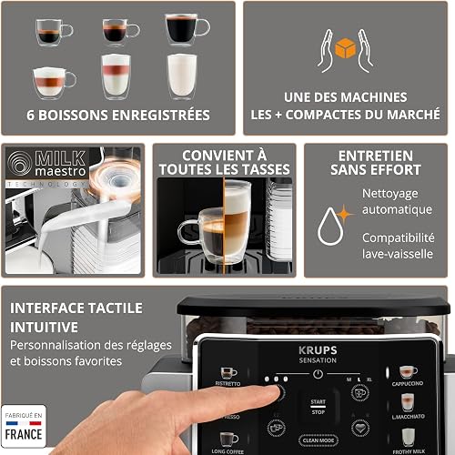 Krups Sensation Lait, Machine à café grains, Expresso automatique, 6 boissons, Carafe à lait Cappuccino, Interface tactile, Nettoyage automatique, Silver, EA912E10 - 9