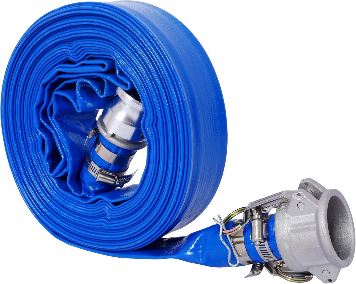 2"X100FT Filter Backwash Hose, Blue Heavy Duty Reinforced PVC Lay Flat Water Discharge Pump Hoses for Swimming Pool Filter Pump,with Aluminum Camlock C and E Fittings