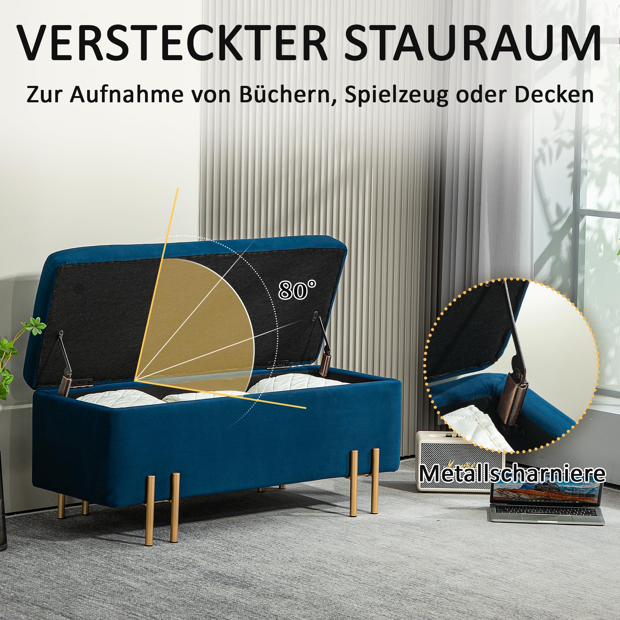 HOMCOM Sitzbank mit Stauraum Polsterbank mit Samtoptik, Sitztruhe mit Metallbeine, Truhenbank für Wohnzimmer Schlafzimmer Flur 100 x 40 x 42 cm, Blau