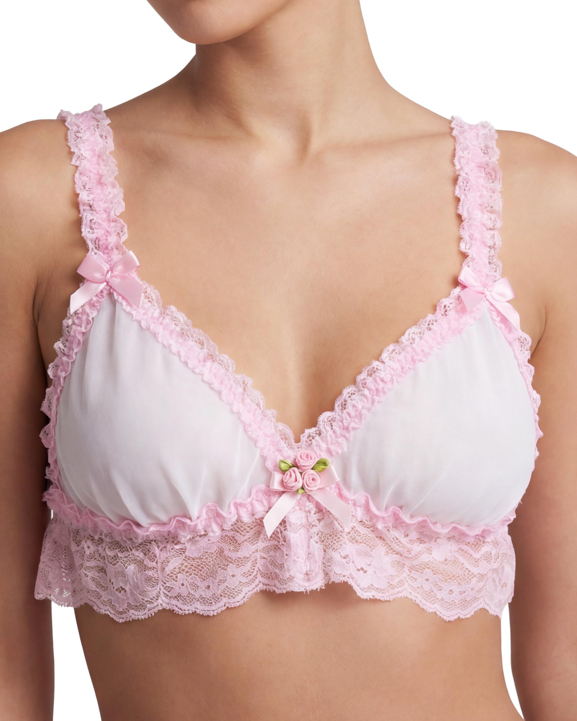 Satini Women's White - Baby Pink Sissy Frilly Lace Fitted Sheer Bralette (, Xl)
