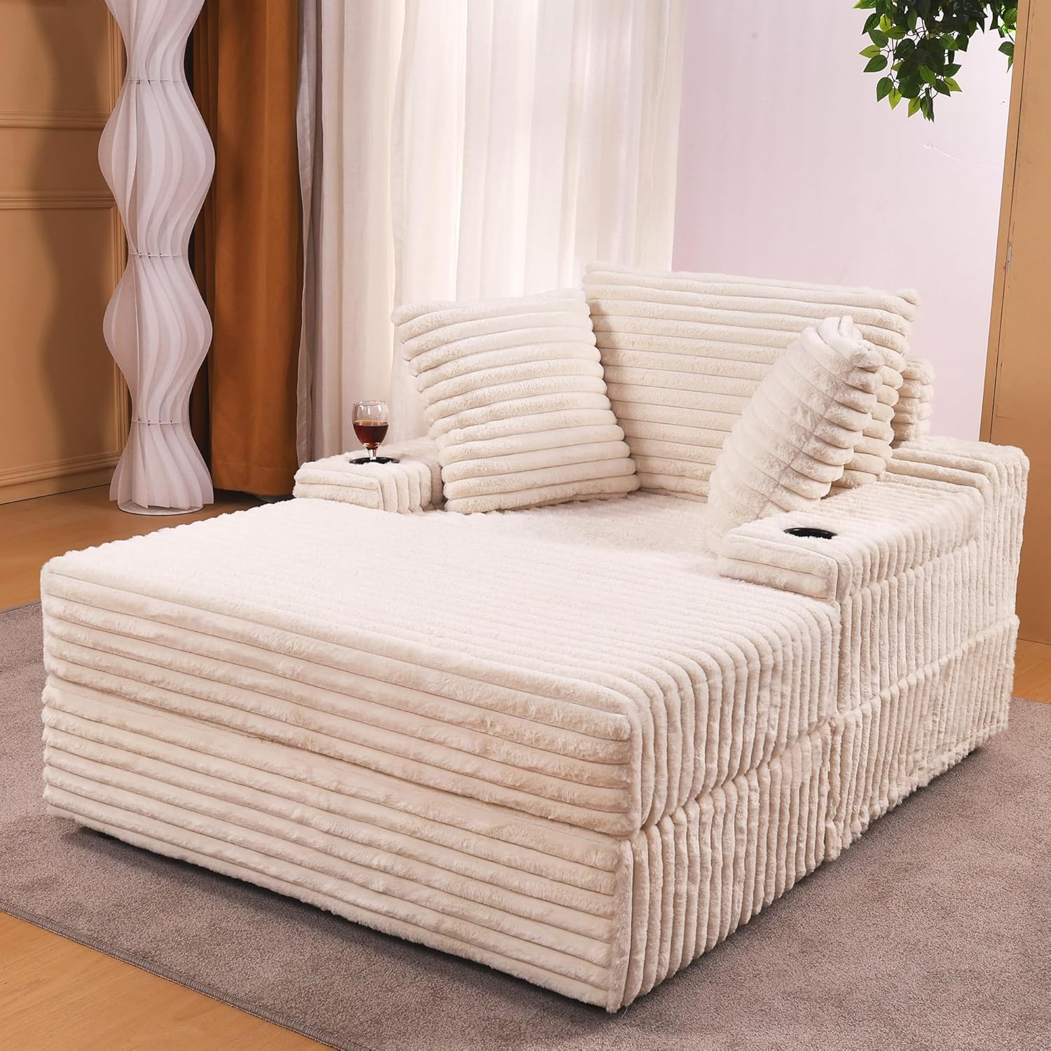 TackView Oversized Corduroy Chaise Lounge with Hidden Storage Ottoman,3-Pillow Cloud Couch for Living Room & Bedroom
