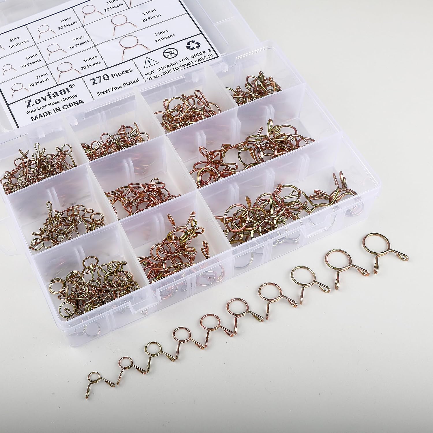 Fuel Line Hose Clamp Assortment Kit 10 Sizes 5-14mm Small Hose Clamps Water Pipe Air Tubing Spring Clips Clamps Assortment Kit for Motorcycle Scooter ATV Lawnmower Snowmobiles 270Pcs