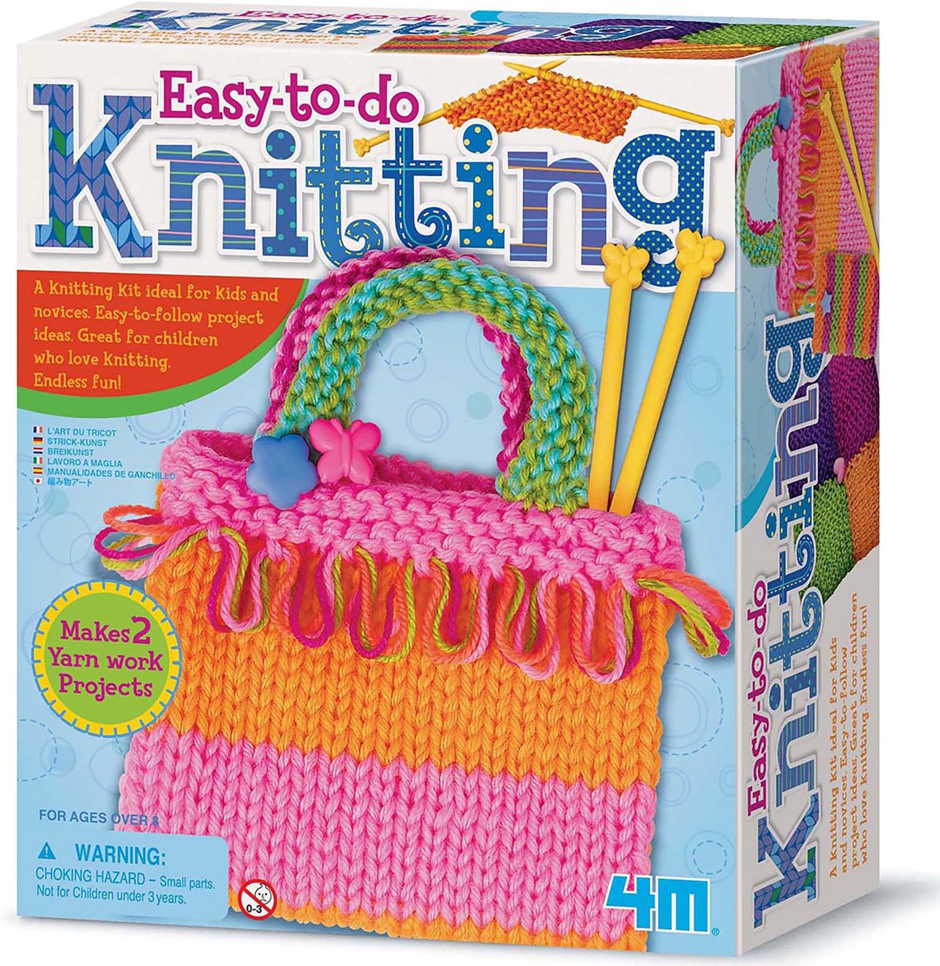4M Easy‑To‑Do Knitting Art Kit – Beginner Yarn Craft Set for Kids & Teens Ages 8+ | Learn to Knit Coasters, Bags or Accessories with Multiple Yarn Colors & Two Needle Pairs | 00‑02753