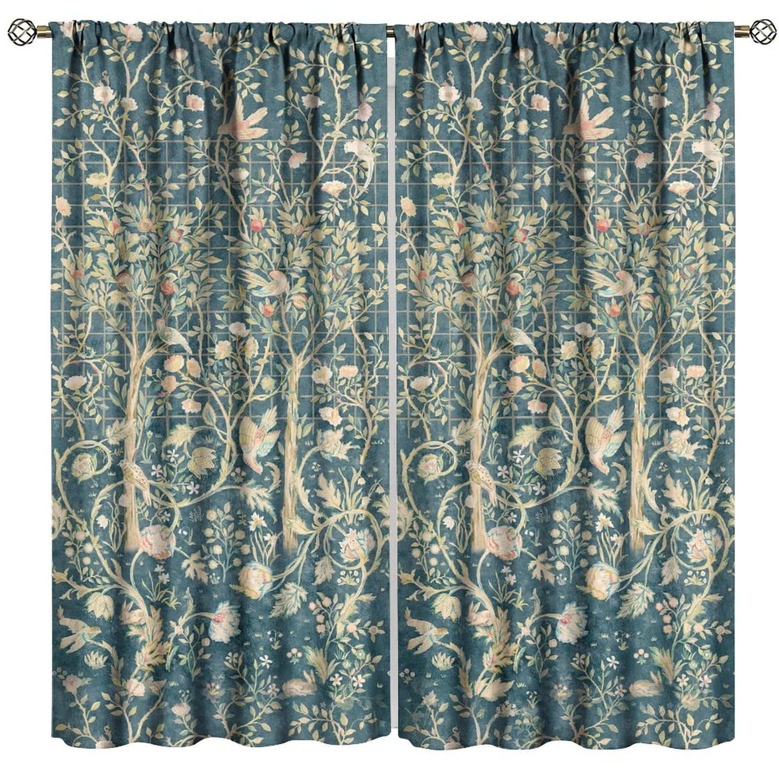 GoDazzling Boho Floral William Morris Blackout Window Curtains, Retro Flowers Bird Pattern Printing Window Drapes, for Living Room Bedroom 36(W)*63(L)