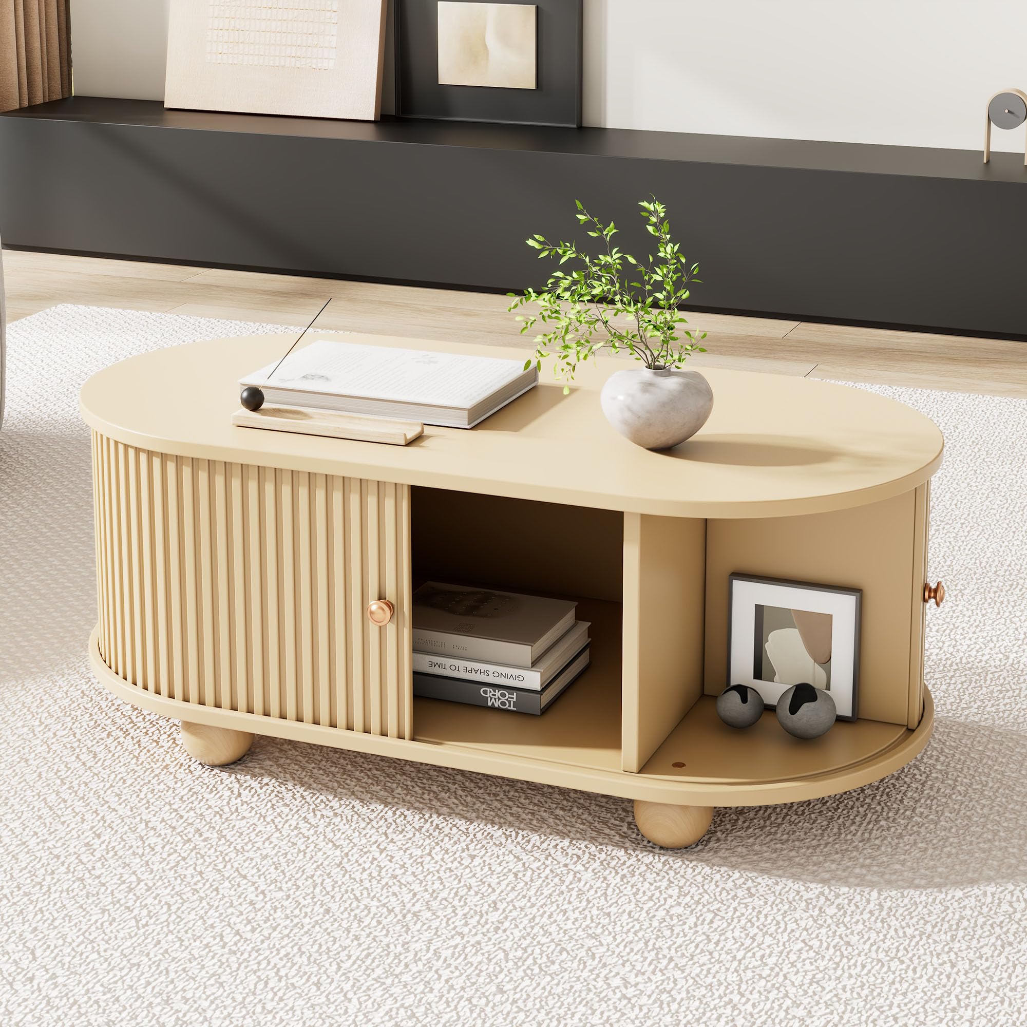 BTM Oval Coffee Table with 2 Sliding Doors, Rounded Corners,Hidden Compartment Center Table, Sofa table with storage space, Side table with Central open storage area, 100 * 50 * 40cm,Wood color,MDF