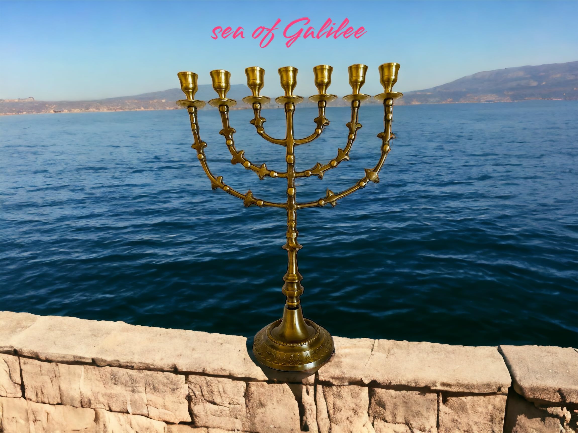 Messing, hoch 40,6 cm, 7 Zweige, Menora-Kerzen, Menora aus Israel,