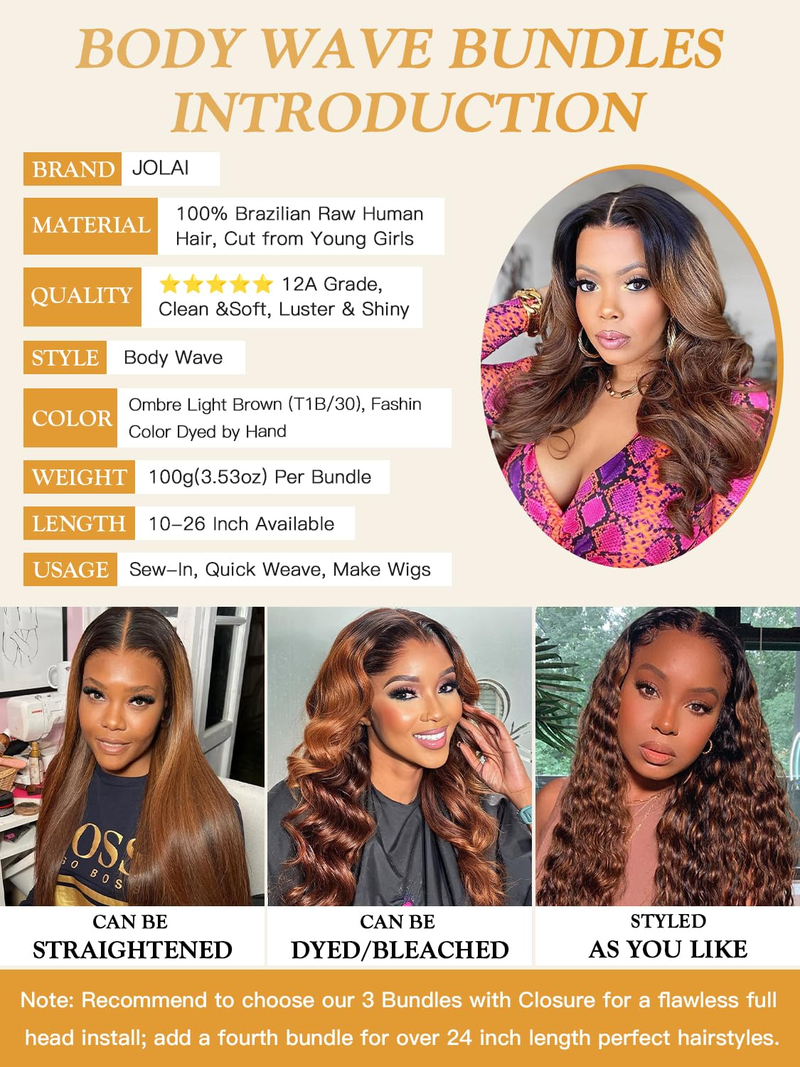Two-Tone Ombre Honey Brown #T1B/30 Bundles Human Hair Body Wave 18 20 22 Inch, Black to Light Auburn Brown Human Hair Bundles Loose Wave Sew In Weave, 12A 100% Raw Brazilian Virgin Hair Tracks, #T30