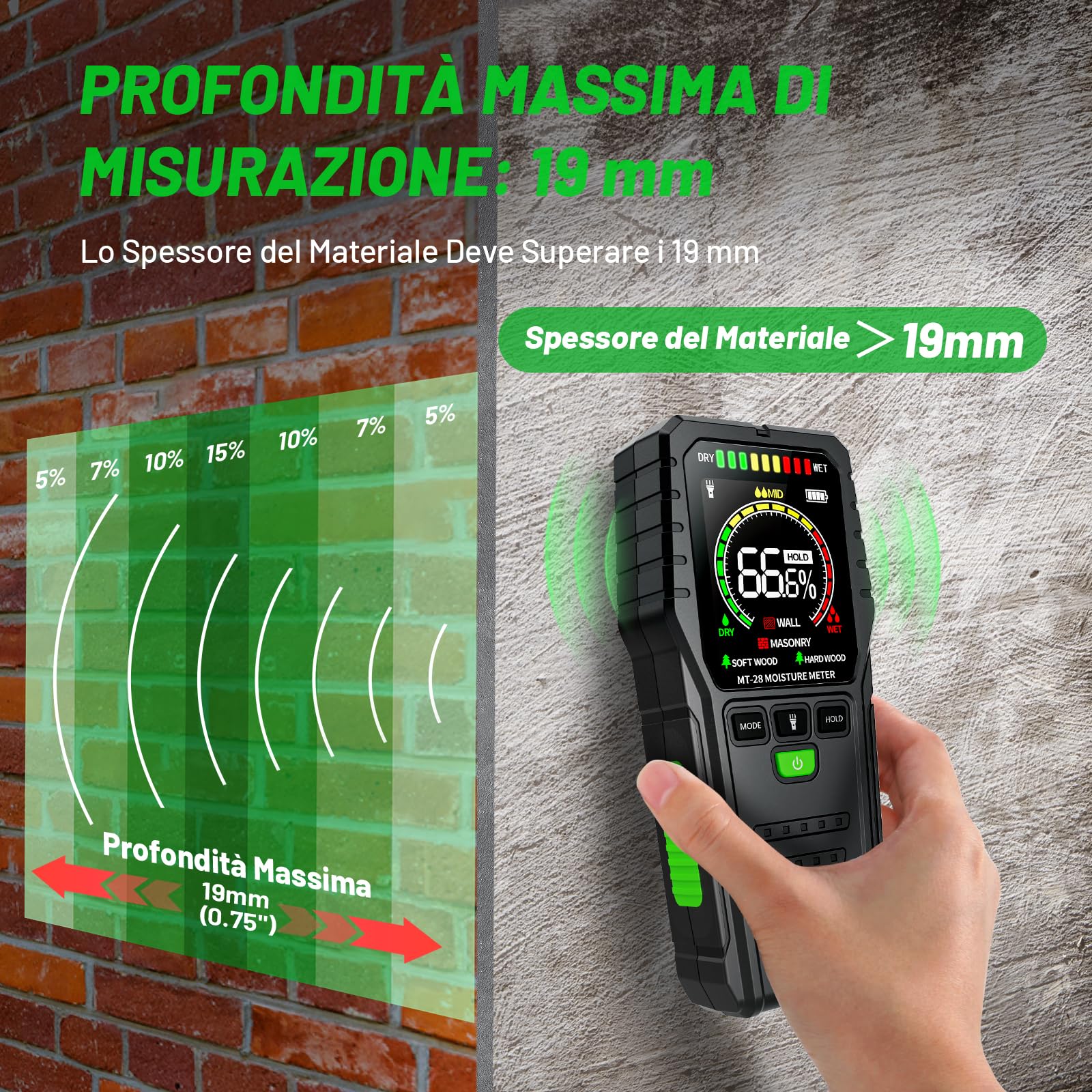 Misuratore e Rilevatore Umidità per Muri, Legno e Materiali da Costruzione, non Distruttivo con Display LCD e Allarme Sonoro