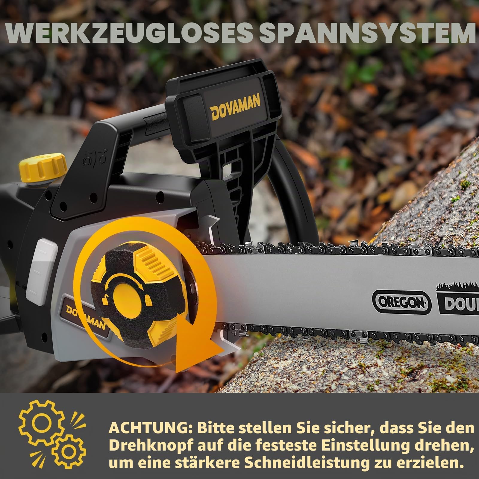 DOVAMAN 2400W Elektro Kettensäge, 40cm Oregon Schwert und Kette, werkzeuglose Kettenspannung, 15m/s, Rückschlagschutz, inkl. 2 Ketten, Kettensäge ideal für Brennholz, Garten und Baumschnitt - DCS01A