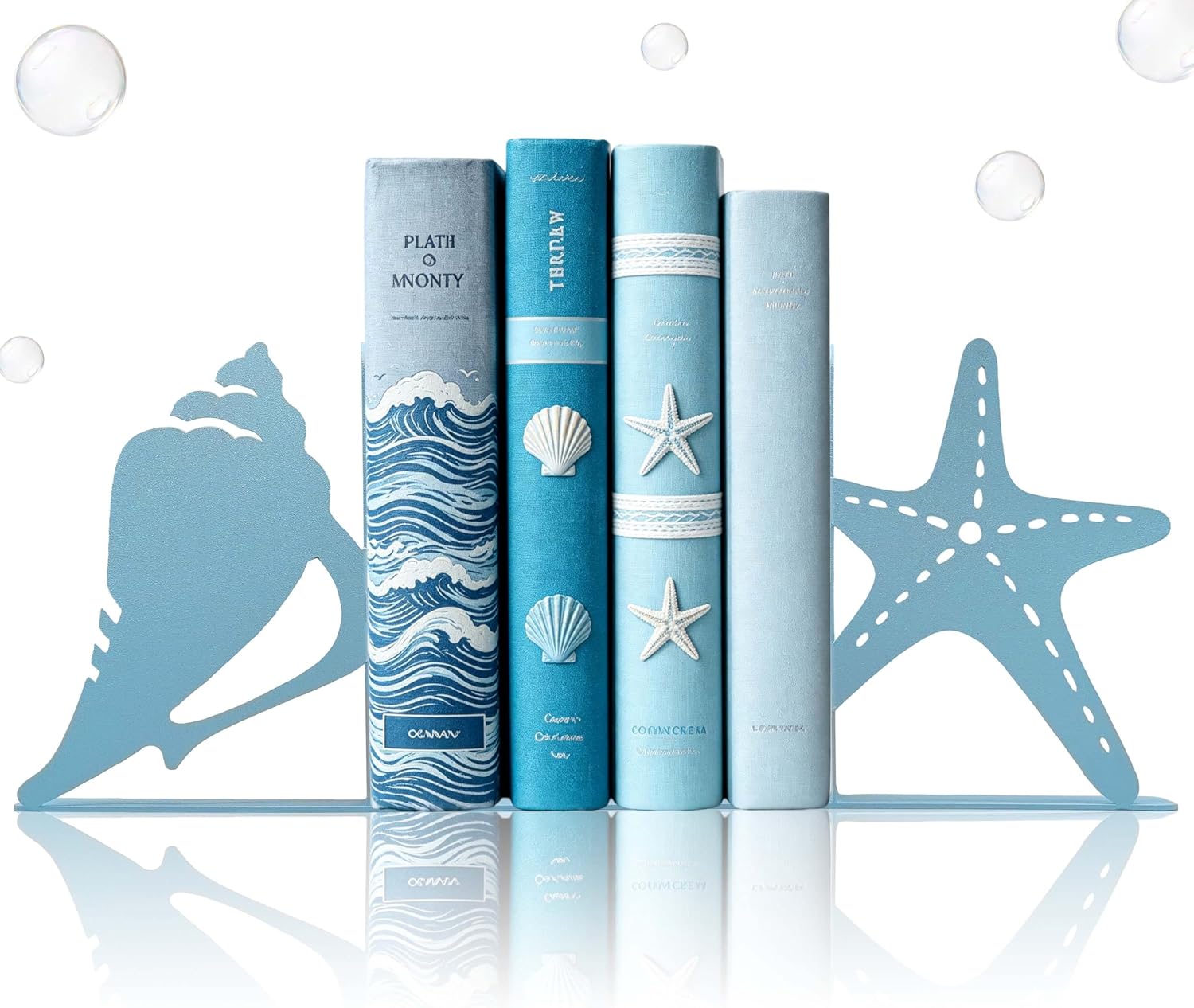 Cute Metal Blue Starfish Shells Decorative Bookends, Unique Coastal Seashell for Home Office Shelves Desk Living Room Bedroom Beach Room, Coastal Books Decors Sea Decorations