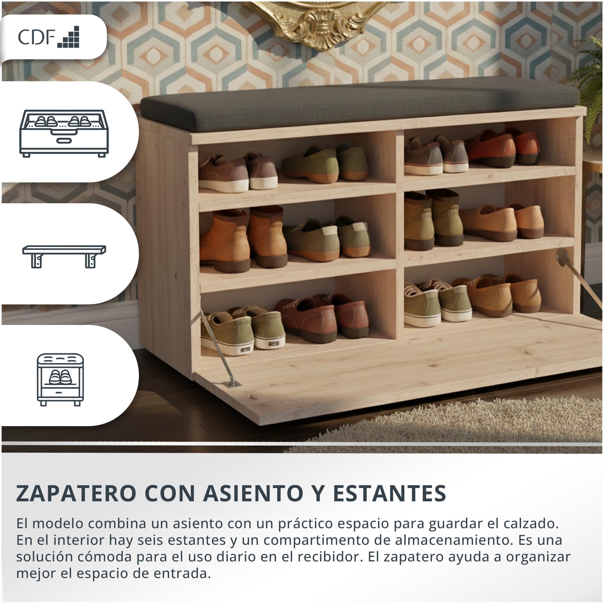CDF Armario de zapatos Riva | Color: roble Sonoma | Ideal para pasillo, pasillo, oficina | Almacenamiento | Asiento cómodo (cojín) | Moderno | Puerta batiente