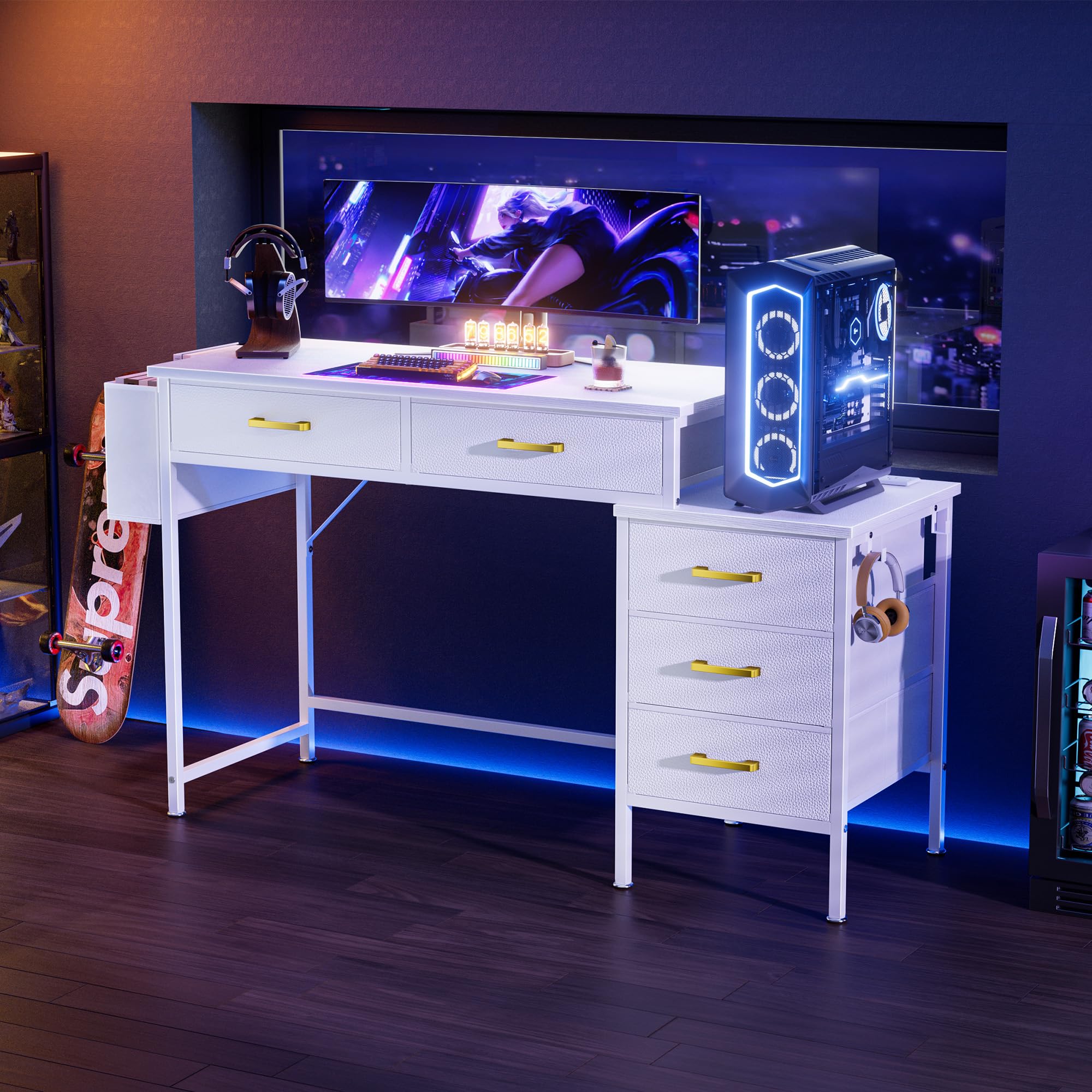 Scrivania per computer, Scrivania Ufficio con 5 Tessuto Cassetti, scrivania con Presa di Corrente, 2 Prese CA, 2 Porte USB, per Tastiera Ufficio Casa, Bianco 130 x45x78cm