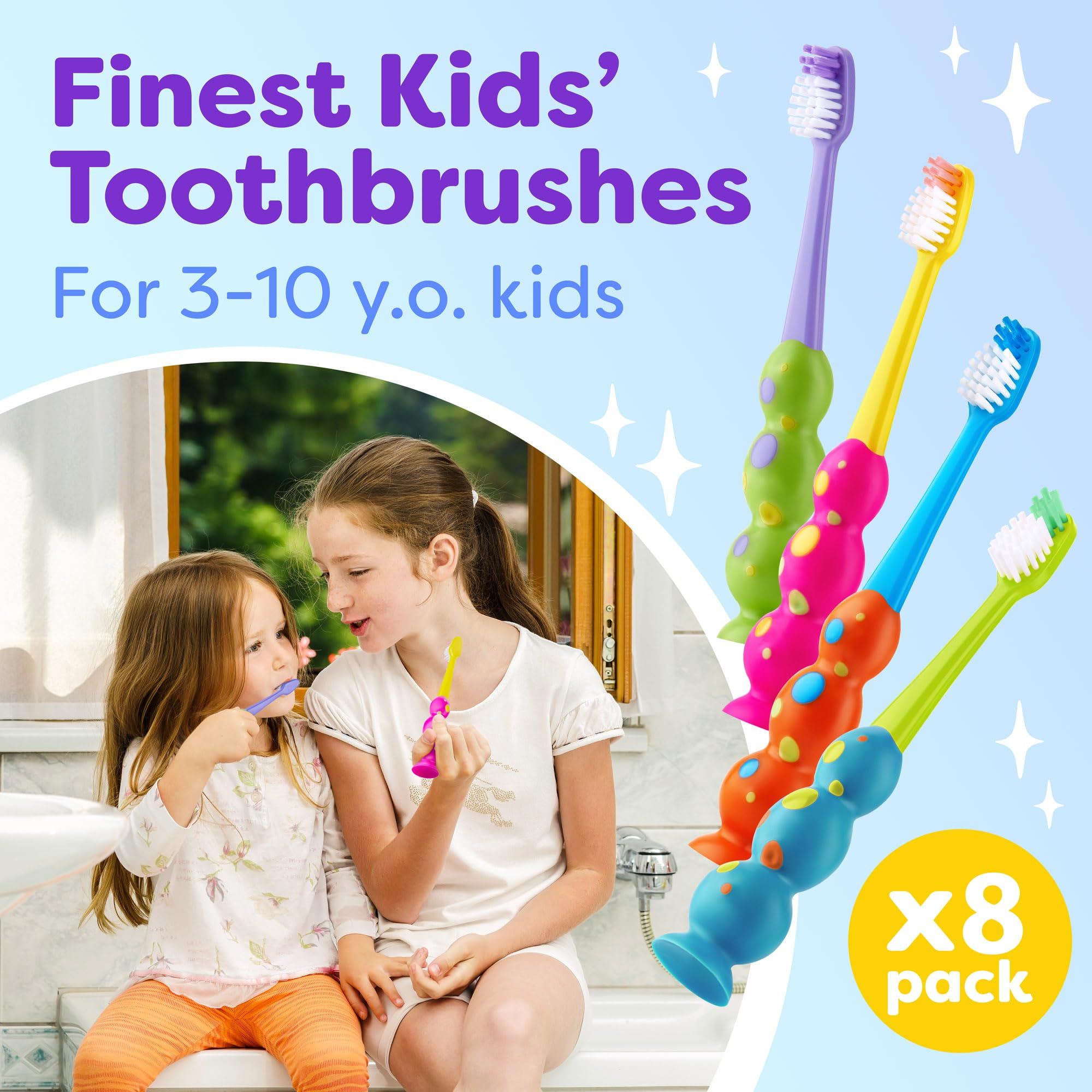 Trueocity Paquete de 8 cepillos de dientes para niños, cerdas suaves contorneadas, cabezales de cepillo de tamaño infantil (3 a 10 años), ventosa para un almacenamiento divertido y fácil, juego para