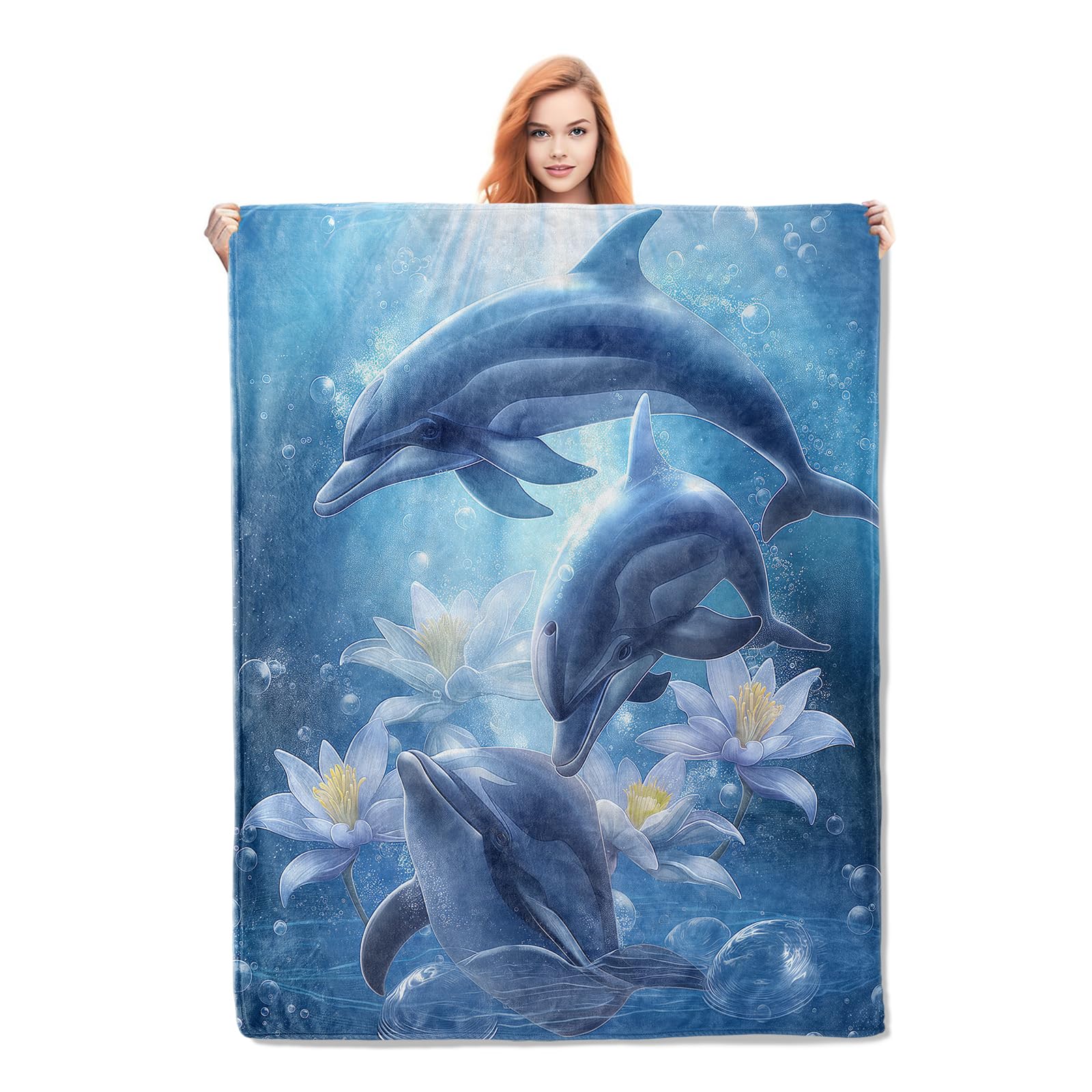 Dolphin Blanket Gifts for Women Lovers Soft Warm Lightweight Cozy Plush Blue Sea Animal Throw Blankets for Bedroom Living Room Sofa Home Decor 60"x50"