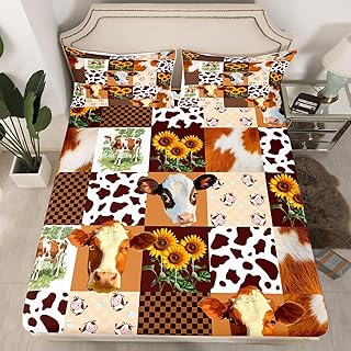 Loussiesd Juego de sábanas para cama individual con diseño de vaca de las tierras altas, para niños y niñas, decoración occidental, funda de cama, decoración de habitación, color marrón oscuro