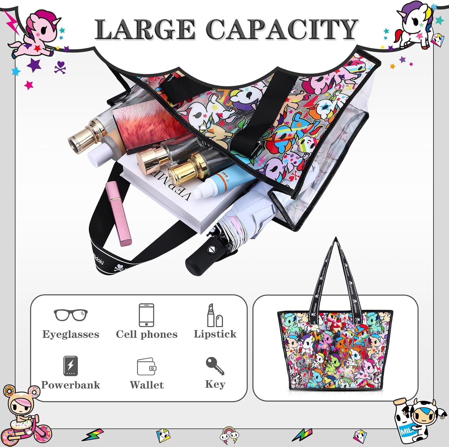 Tokidoki Clear Tote Bag with Unicorno Keychain Waterproof Transparent Beach Bag Purse Small Shoulder Bag Handbag for Women - Image 3