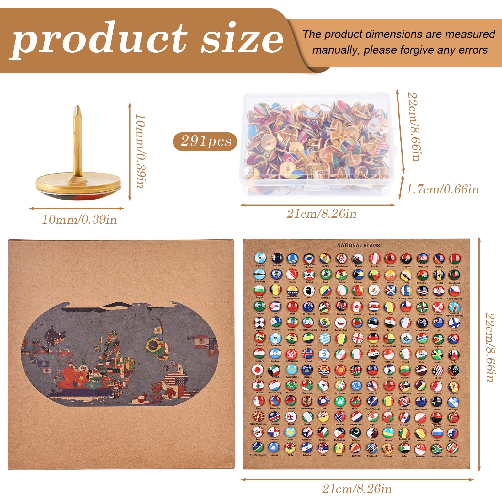 Puntinas decorativas de dibujo, 291 piezas, con placas de corcho, en metal, para tablero