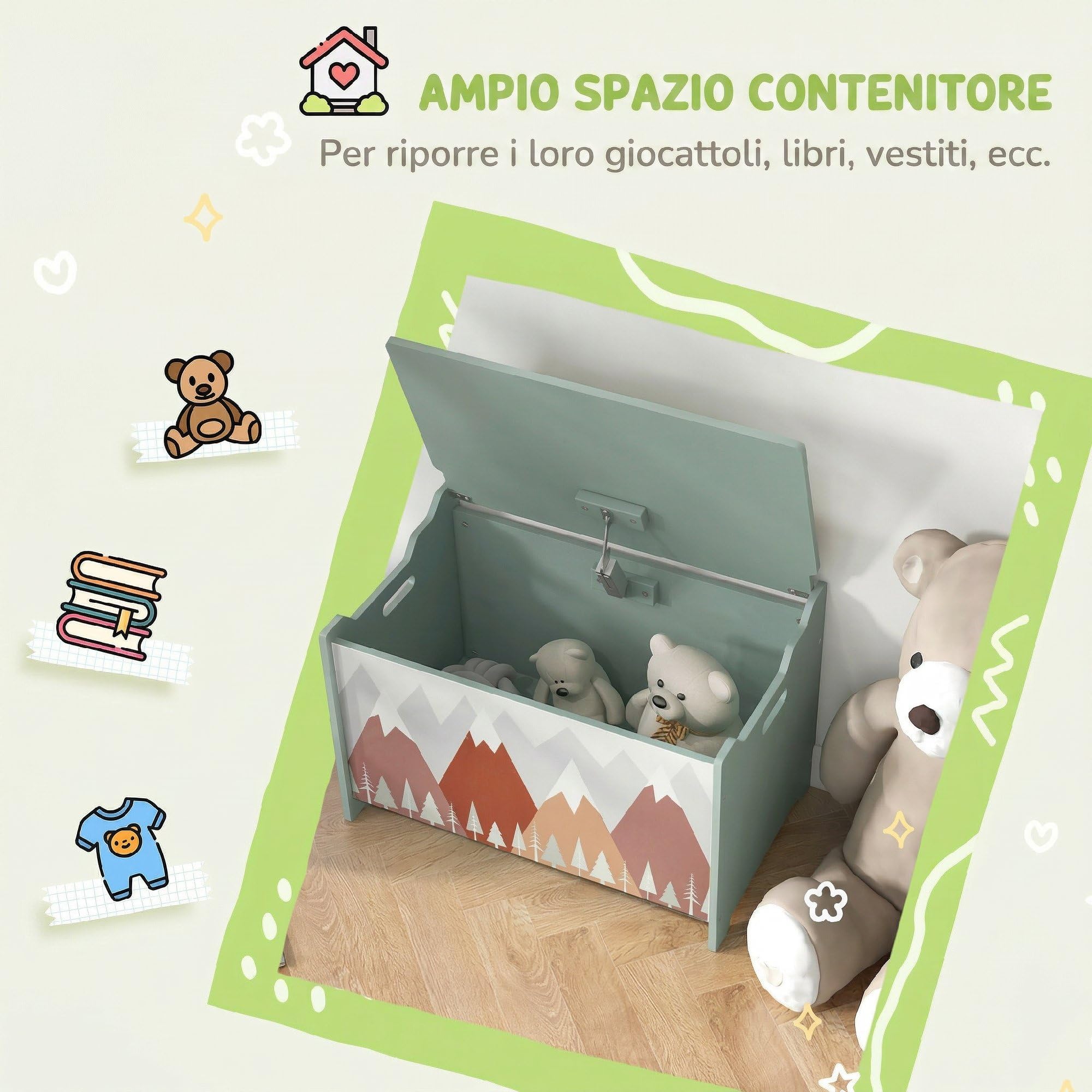ZONEKIZ Baule Portagiochi Panca Contenitore per Bambini, Cassapanca in Legno MDF con Coperchio e Cerniera di Sicurezza, 60x37x39cm, Verde
