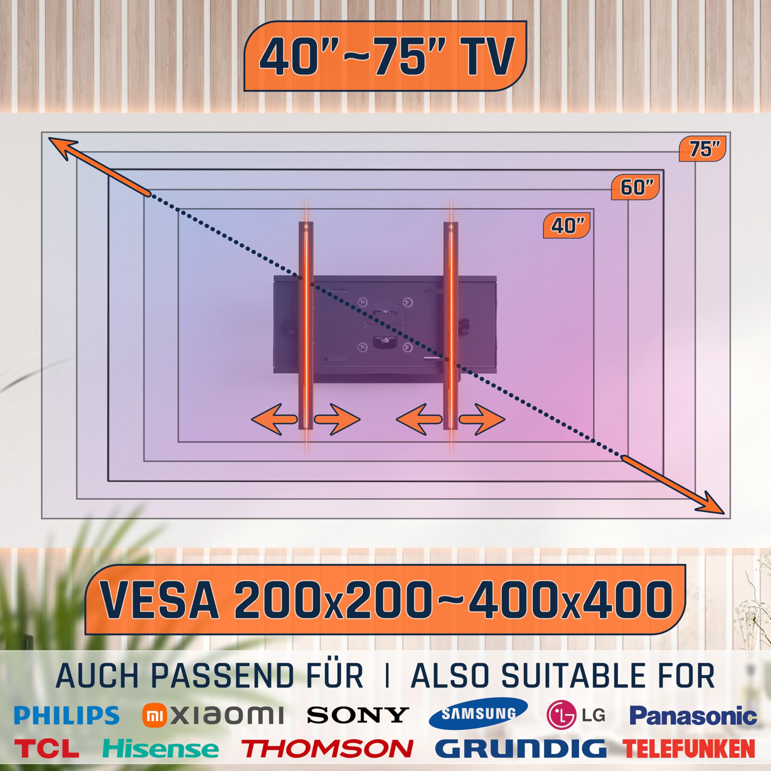 RICOO Uchwyt ścienny do TV obrotowy i pochylany dla telewizorów 40-75 cali uniwersalny uchwyt TV R23-S uchwyt ścienny do telewizora dla telewizorów 55 cali do 95 kg z maks. VESA 400x400 mm