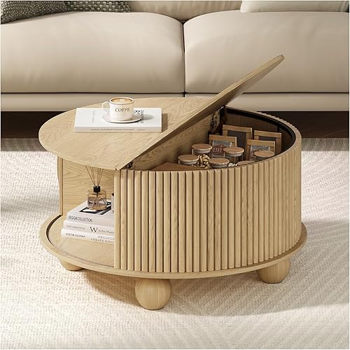 Miniatura 14 de SULIVES Mesa de centro redonda con almacenamiento, mesa de centro moderna de mediados de siglo con puerta corredera, mesa central acanalada con