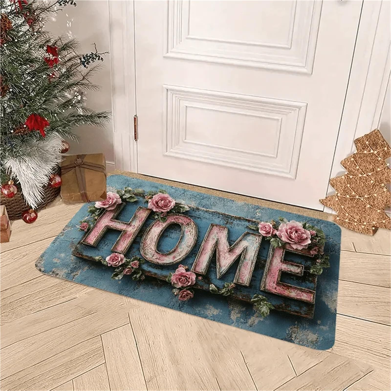 Felpudos Entrada Casa Felpudo rústico 3D Floral for Puerta de casa, Alfombra Bienvenida romántica con Rosas Rosadas Modernas, decoración navideña Lavable Antideslizante