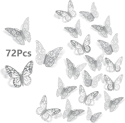 Miniatura 61 de Calcomanías de pared de mariposa 3D, 72 unidades, 3 tamaños, 3 estilos, calcomanías de pared metálicas extraíbles, calcomanías de pared para nevera,