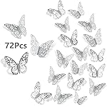 3D Butterfly Wall Stickers, 72Pcs 3 Sizes 3 Styles, Removable Metallic Wall Decals Fridge Sticker Room Mural Decoration for Kids Bedroom Nursery Classroom Party Wedding Decor DIY Gift (Sliver)