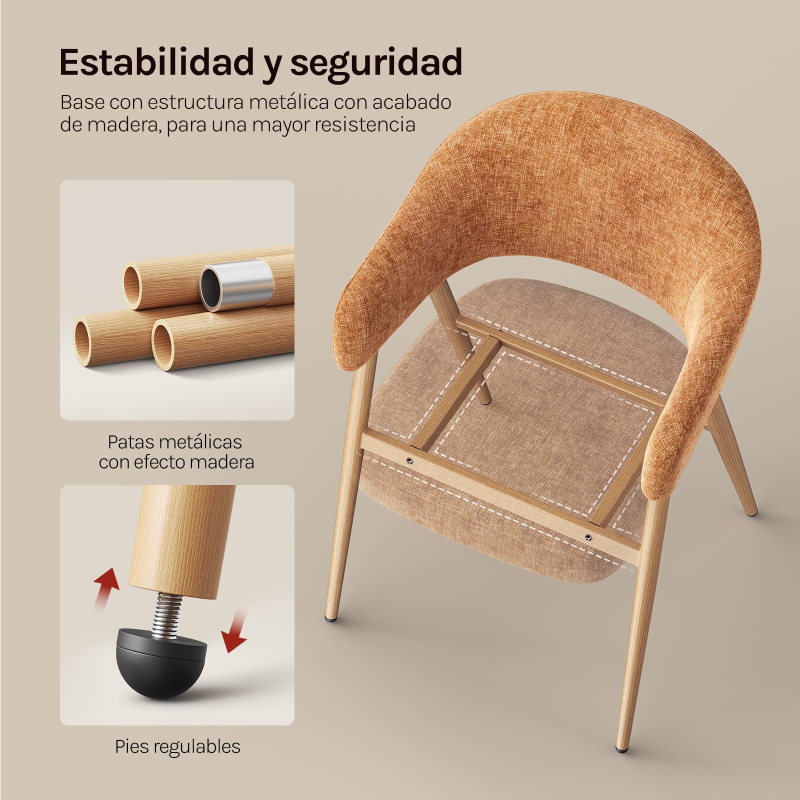 WOLTU Juego de 2 Sillas de Comedor Ergonómicas, Marrón Caramelo | Respaldo Ahuecado, Patas Ajustables, Asiento de Tejido de Chenilla, Patas Metálicas, para Comedor, Cocina, Salón y Dormitorio