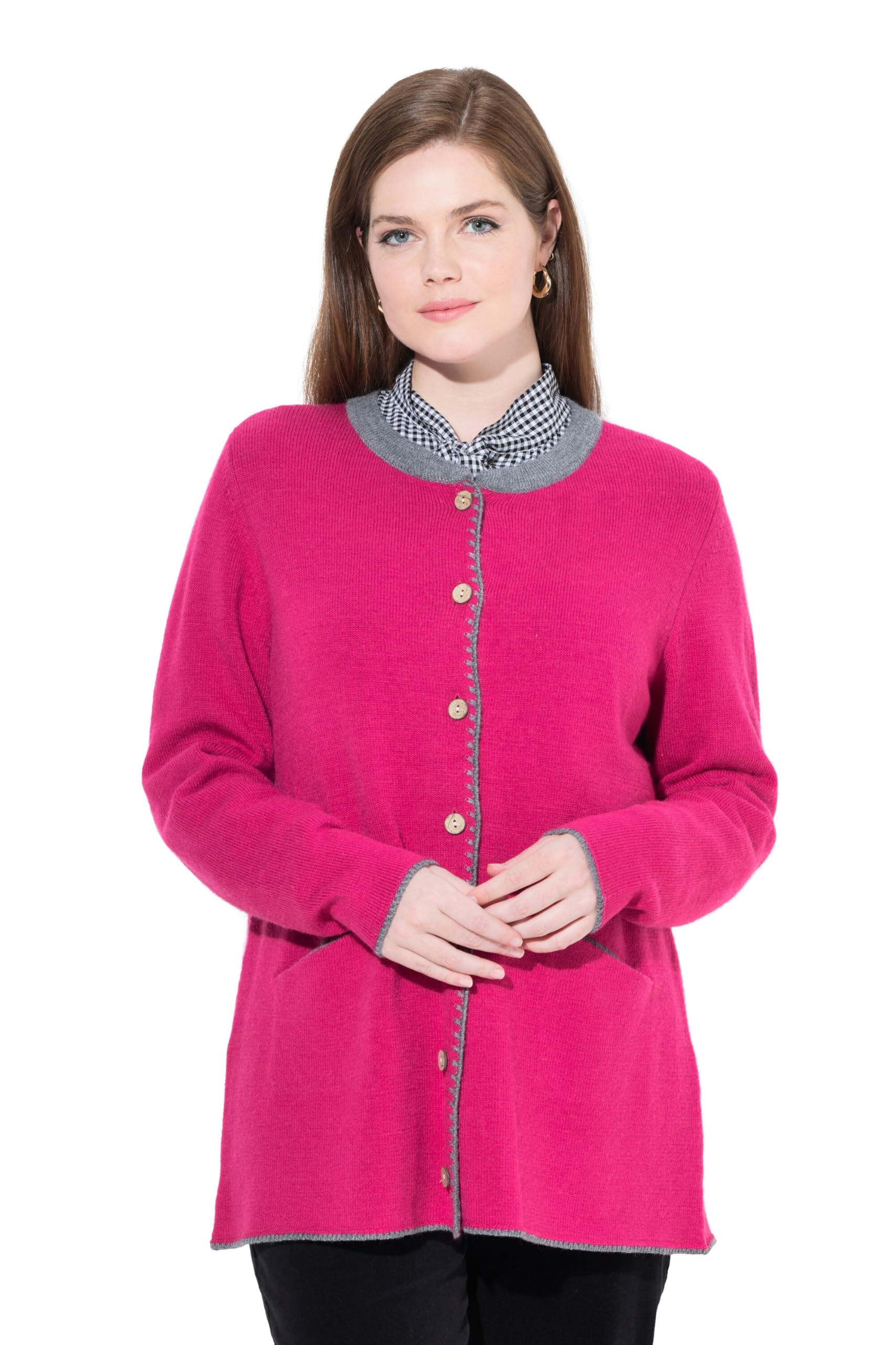 Ulla Popken Damen große Größen Übergrößen Plus Size Long-Strickjacke, Hirsch-Stickerei, A-Linie, Stehkragen 832553