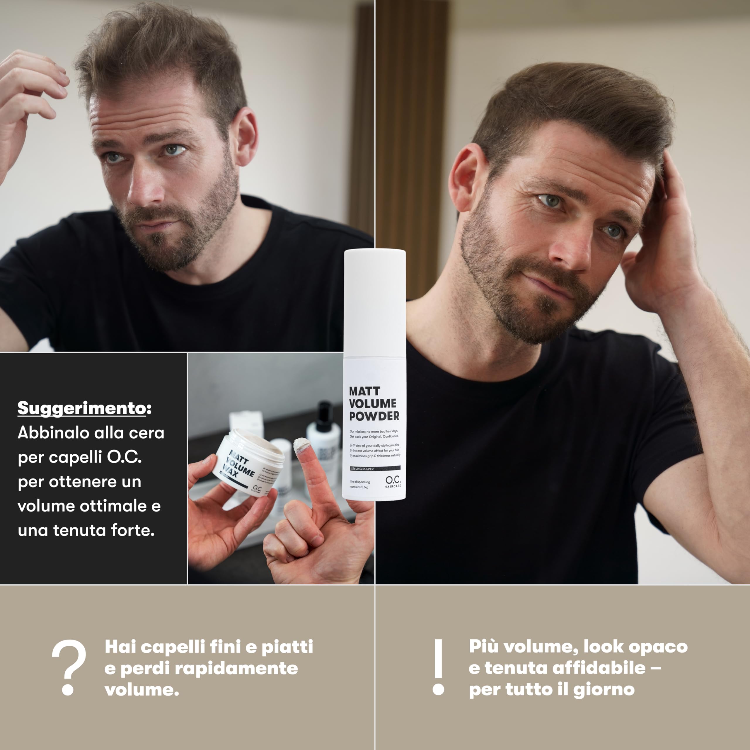 O.C. HAIRCARE Polvere per styling – Polvere per capelli sottili e fini – con effetto opaco – Polvere per styling per la massima stabilità – Consigliata dai saloni leader – Primer incolore e volume